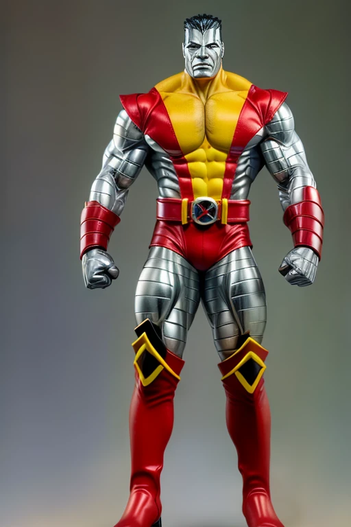 (masterpiece, best quality:1.2), (1man realistic, solo), black hair, (realistic colossus (x-men)), (((face colosus steel metal texture skin))), ((head metal steel)), (((no face texture human skin))), body steel skin, ((uniform colossus red and yellow)), red breeches, (red boots and gauntleds), (standing), plain gray background, masterpiece, HD high quality, 8K ultra high definition, ultra definition,