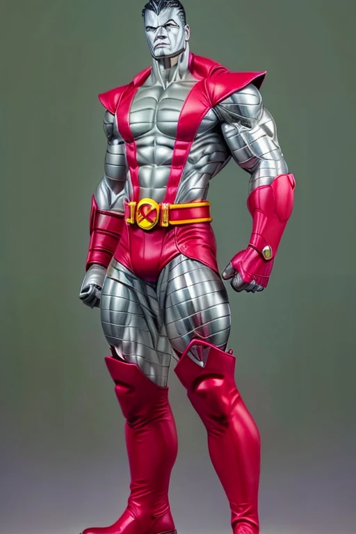 (masterpiece, best quality:1.2), (1man realistic, solo), black hair, (realistic colossus (x-men)), (((face colosus steel metal texture skin))), ((head metal steel)), (((no face texture human skin))), body steel skin, ((uniform colossus red and yellow)), red breeches, (red boots and gauntleds), (standing), plain gray background, masterpiece, HD high quality, 8K ultra high definition, ultra definition,