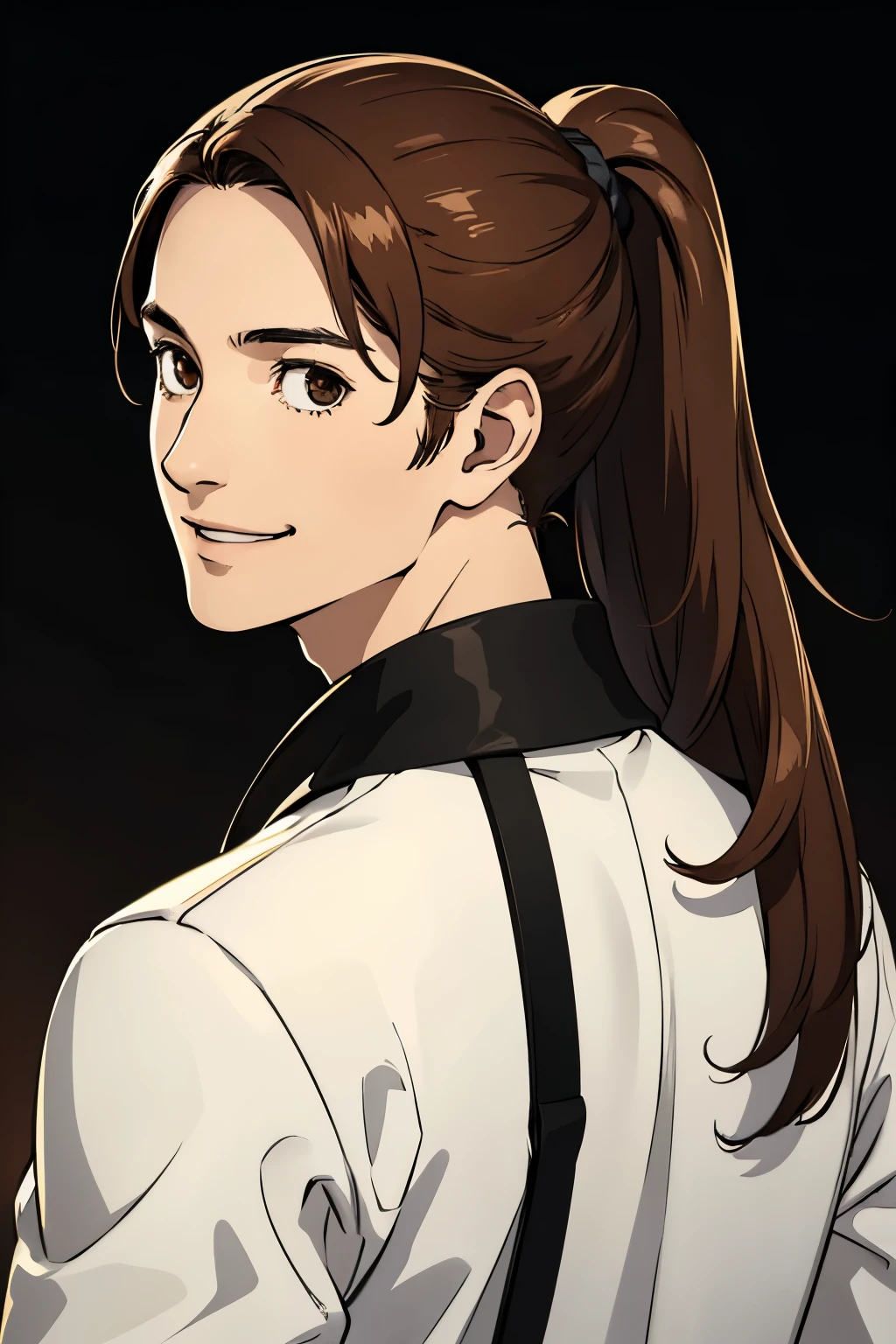 a male adolescent,brown ponytail hair,brown eyes,gekkoukan ,smiling,alone,looking back),illustration,ultra-detailed,highres,photorealistic,realistic lighting,vivid colors,warm color tones, male, man