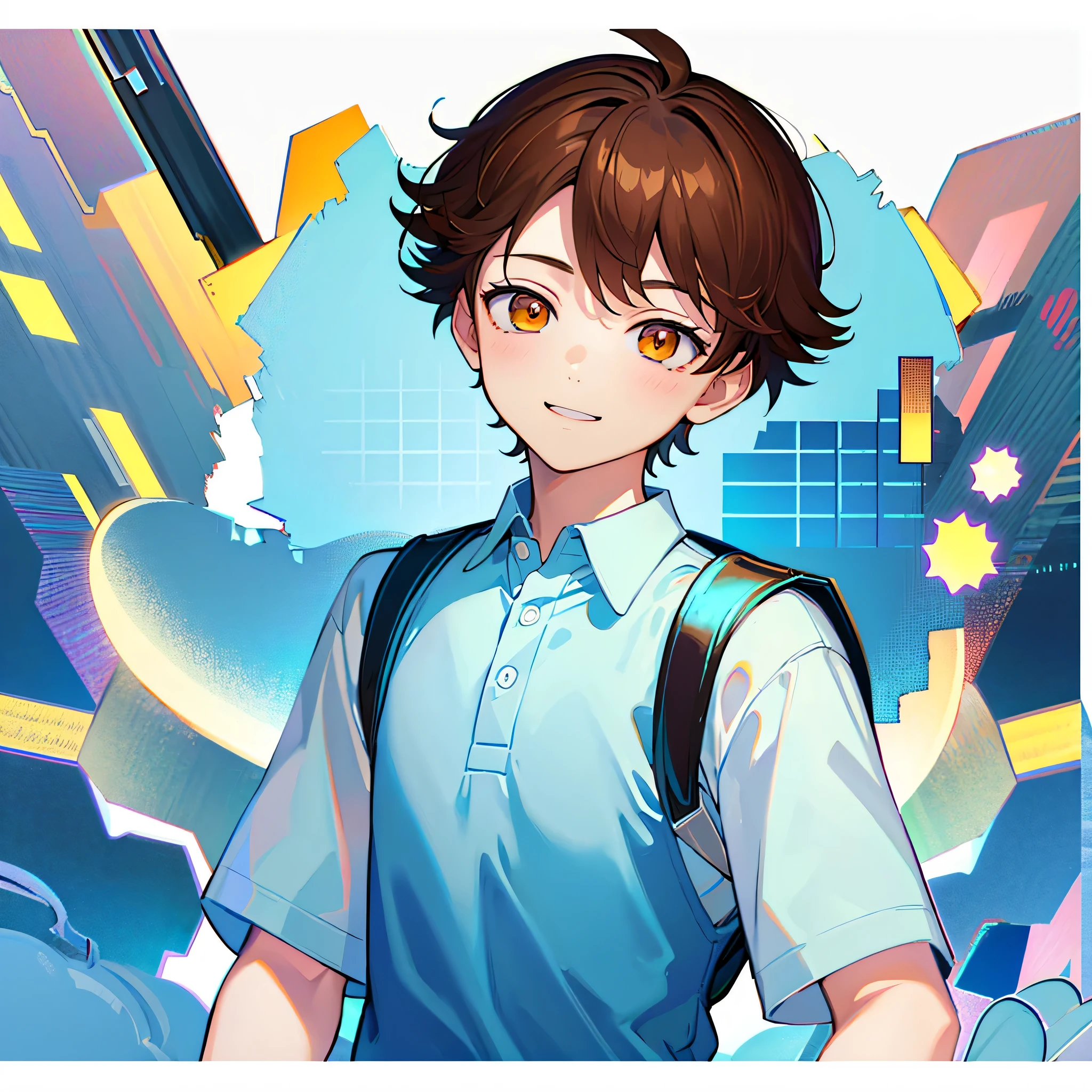 best quality, masterpiece, highres, detailed, digital artwork, white background, ChildEmp, 1boy, shota, cute, blue polo shirt, male focus, male, brown hair, brown eyes, smile, backpack, manga, full_body,
