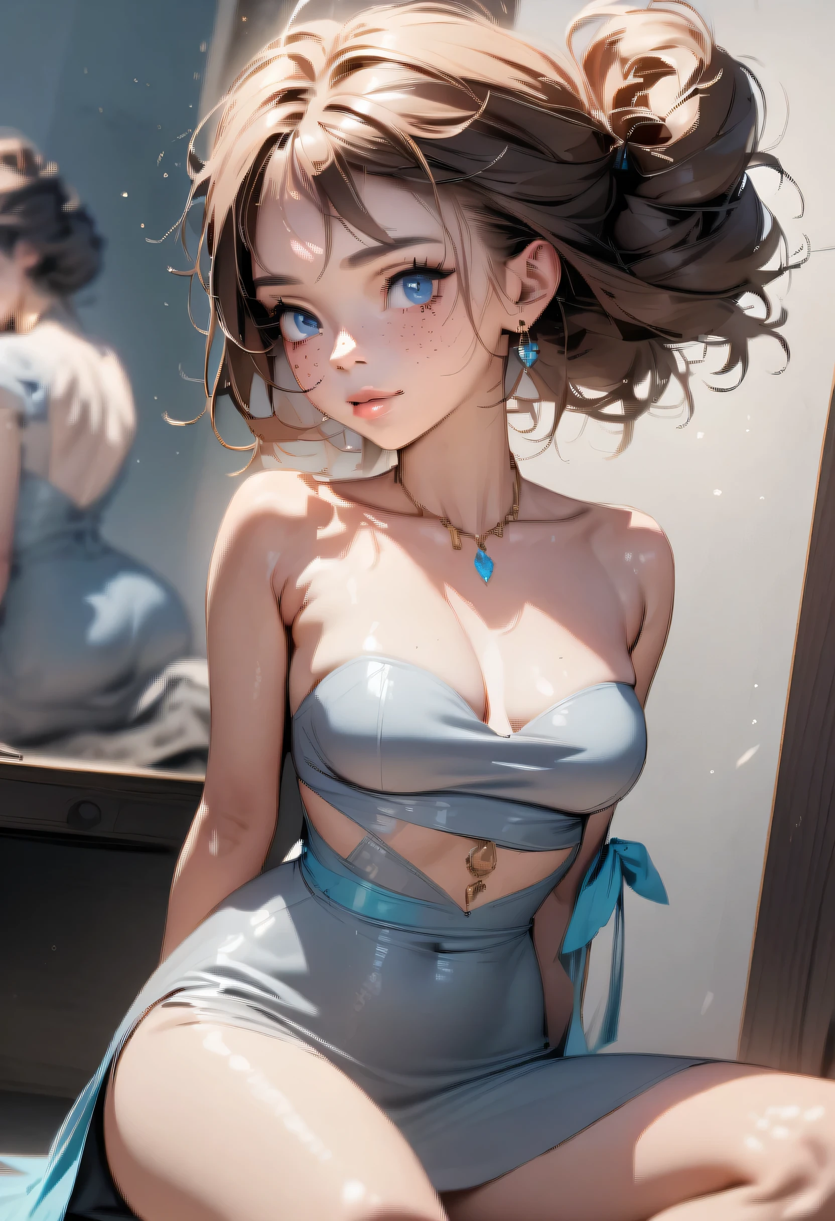 very beautiful, well-groomed girl, With clean skin, normal facial features, Beautiful lips, and a slight smile on her face. beautiful figure, modern clothes, cool modern couture dress. presentation background, neutral gray pink. top quality, 16 thousand.. Full HD, Cinematic rendering. Create a work of art, conveying the unique beauty of baby Michela.. Famous digital influencer. stands near the mirror, in a relaxed position. Focus on her unique facial expression, when she looks directly at the camera., trying to capture the intensity of her piercing blue eyes. Show off her signature style with a Latin-inspired hairstyle., consisting of two carefully designed hairpins.. Add details, reflecting her charming and avant-garde personality.. We took care of that, to convey an aura of modernity and originality, which characterizes Lil Miquela in the digital world.. Several freckles and nevi, and also short hair combed.