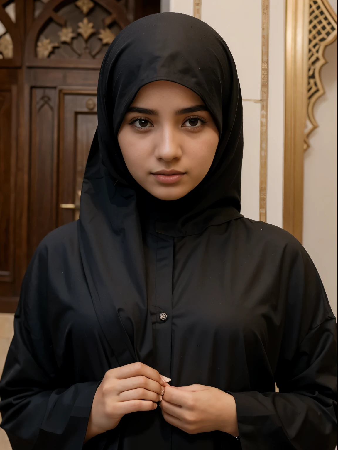 girl with (arabic features), 18 years old, portrait, wearing abaya