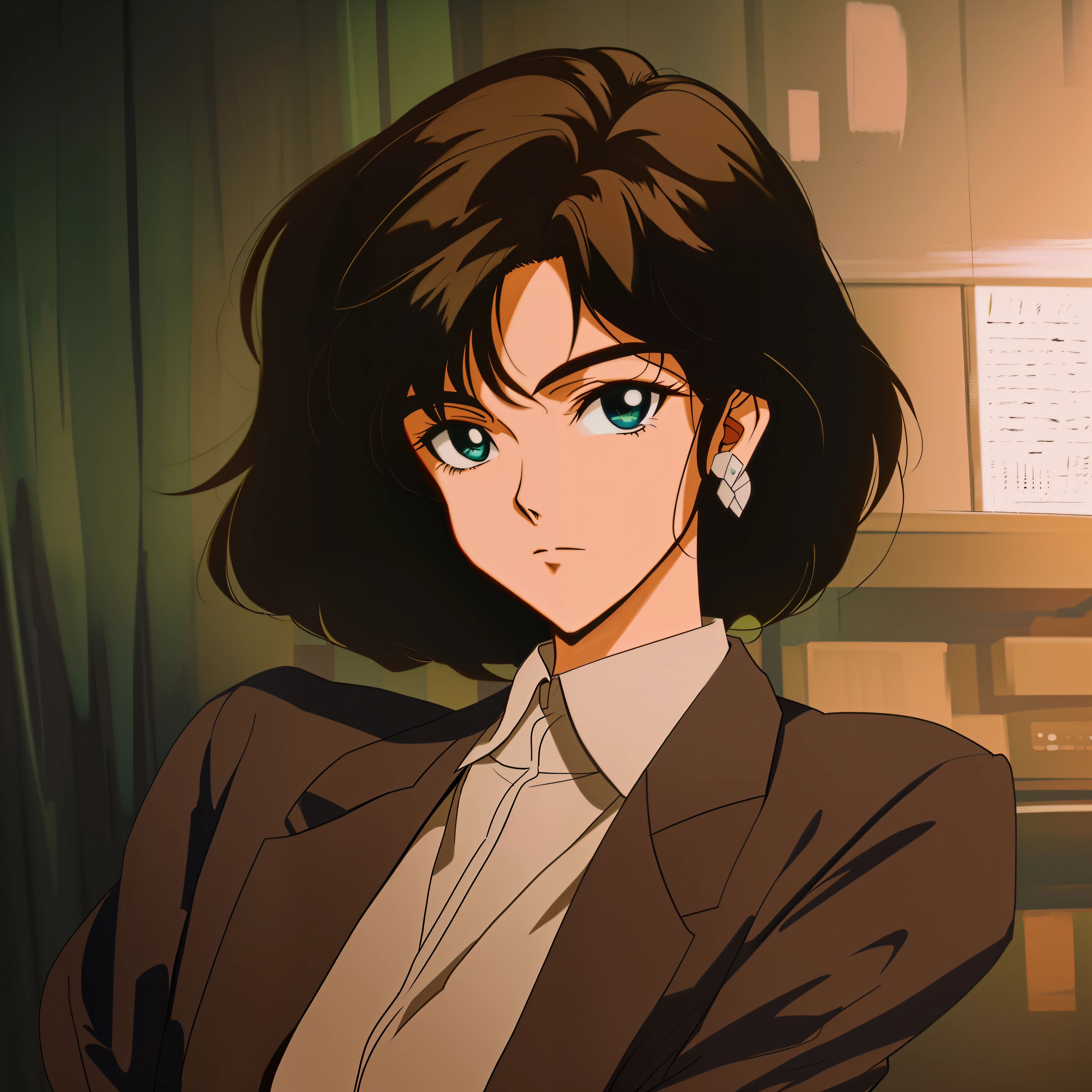 Anime image of a woman in a suit and tie, sitting in a chair, in the art style of 8 0 s anime, 8 0 s anime art style, 1980's anime style, fubuki, retro anime girl, 9 0 s anime art style, lofi portrait, 8 0 s in anime style, Retro anime image, As in the picture, green colored eyes, redhead hair