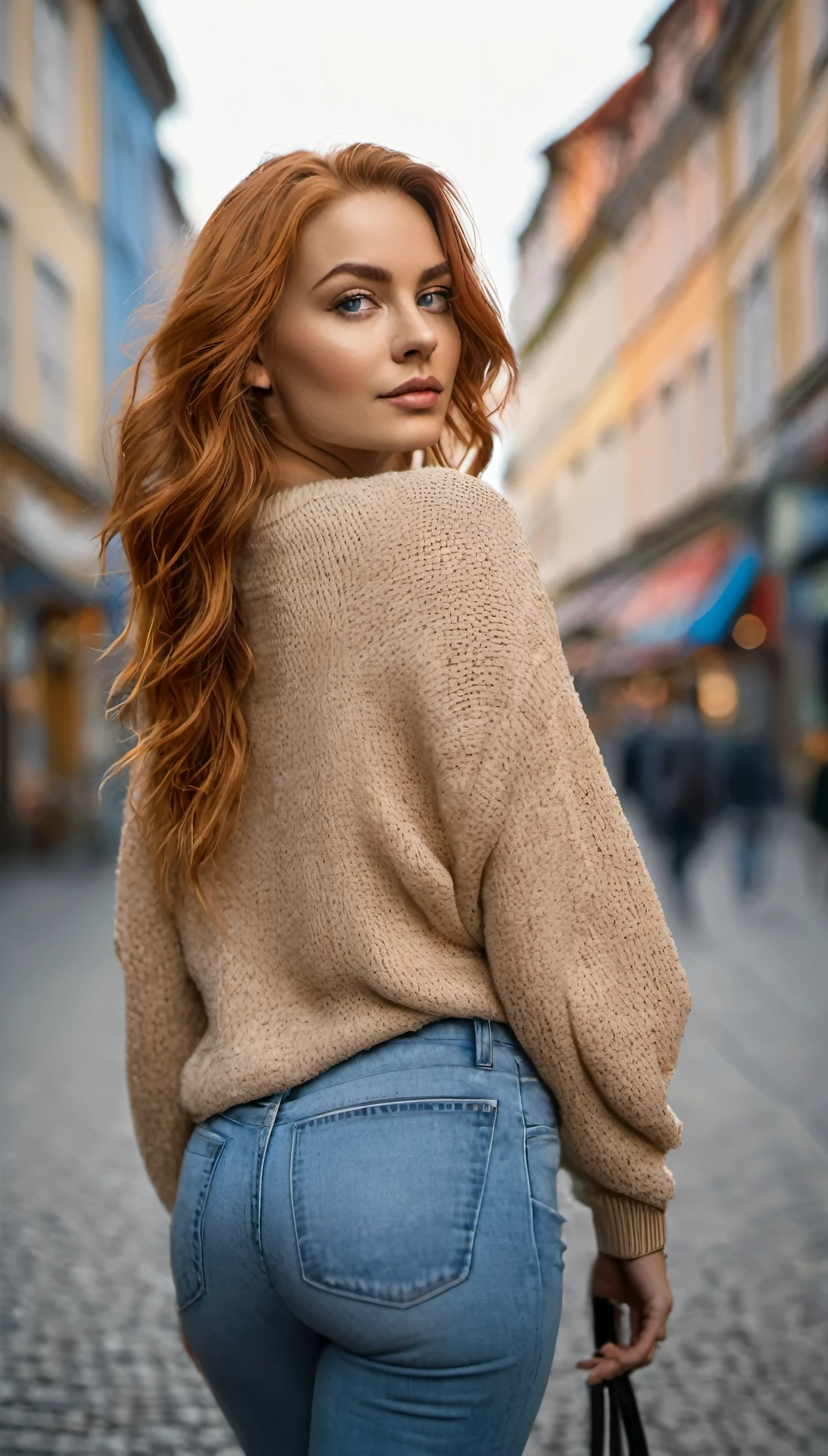 Back view of a beautiful 25 year old woman (kein Make-up) Nachts in der Innenstadt, natural face, blaue Augen (detaillierte Augen), lange orange-rote Haare, blasse Haut, Perfect natural skin, strukturierte Haut, beautiful curves, weibliche Figur, big ass, big  (Cup size D). Lange, Tight skinny jeans (sehr detailreich), beige Strickpullover (sehr detailreich). Back view to the camera. The background is a city center with many shops, Nachts, Dunkel. 1 solo girl. Full body shot, Fotorealistisch, RAW-Foto, szenisch, depth of field, detailliertes Gesicht, high resolution, satte Farben, filmische Beleuchtung, Film grain, mittlere Belichtungszeit, mittlere Blende, kleine Brennweite.