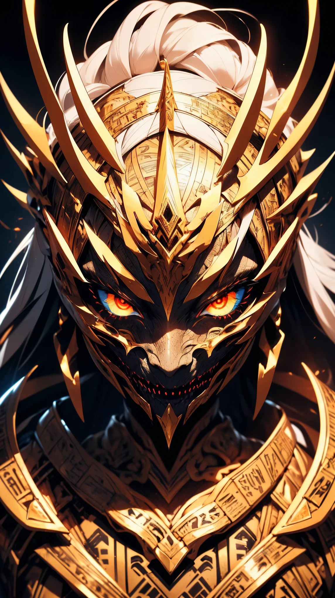 "(best quality,highres),close-up of a mummy's face,covered in bandages with golden hieroglyphics,(detailed:1.1),(vivid and intense colors:1.1),(realistic:1.1) graphic art style,terrifying,eye sockets with glowing golden eyes,detailed wrinkles, dark circles under the eyes"