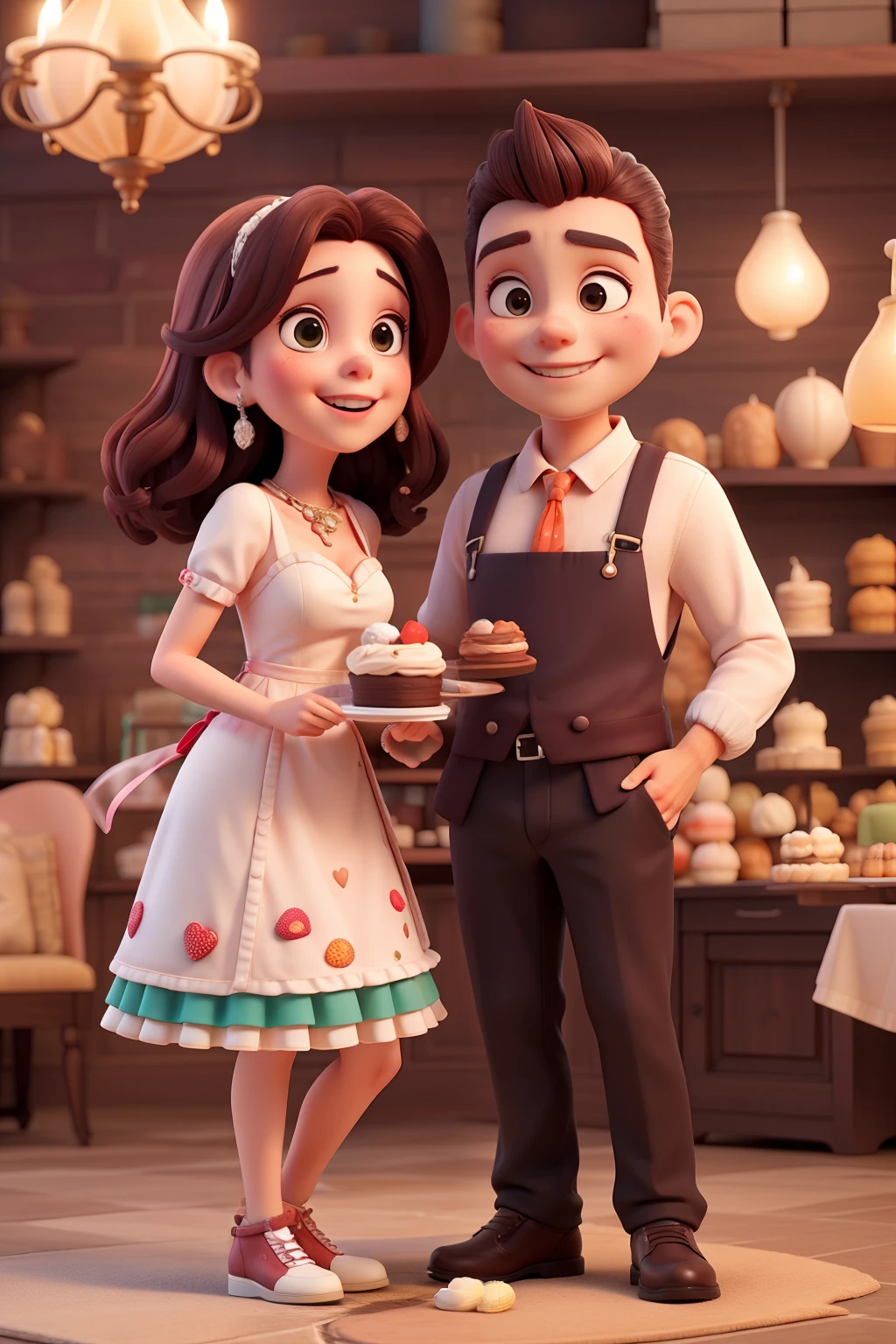 **Image Description:**

A imagem retrata um casal feliz em um ambiente acolhedor e doce. No centro, um homem loiro, elegantemente vestido de preto, is standing next to a dark-skinned woman wearing a beautiful wedding dress. they are both smiling and holding a tray full of tempting desserts, como cupcakes, bolos e doces. No fundo, there is a charming setting with shelves full of more sweet delights. Em destaque, o nome da loja, "JF_SweetTreats", is cleverly printed on the man&#39;s apron and the woman&#39;s dress sash, adding a personalized and charming touch to the image. The atmosphere is one of joy, romance and indulgence, convidando os espectadores a se deliciarem com as iguarias oferecidas pela loja.
