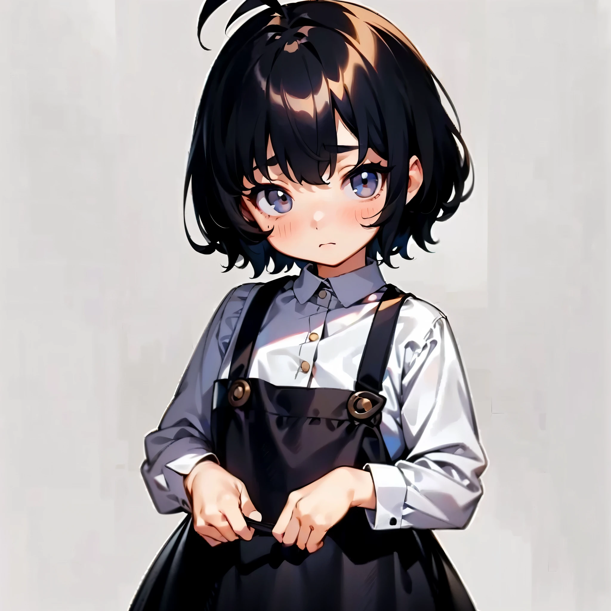 1littlegirl, short messy black hair, ahoge, dull grey eyes, short stature, kid, apron dress, blush, expressionless, ((best quality)), ((masterpiece)), portrait, looking at the camera, from the front, simple background, ((detailed)), ((perfect anatomy)), ((detailed art)), ((high definition)), ((4k)), ((high resolution))