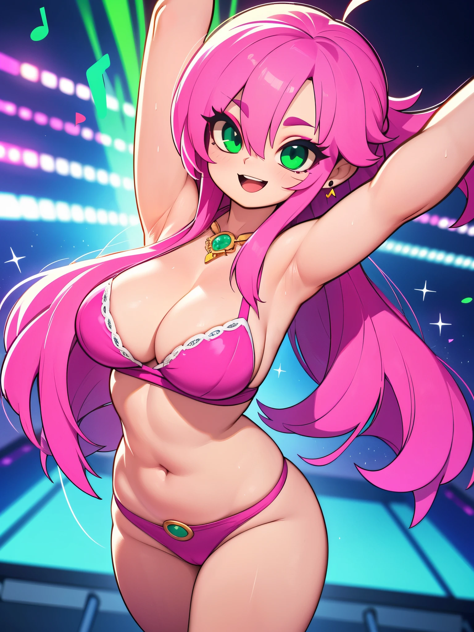 Masterpiece, Hyper detailed, Best quality, UHD, (((3D))), ((anatomically correct)), Dance club, 1 woman, Joyful Expression, ((Hyper detailed sexy (Black) dance outfit, headphones:0.5)), Busty, Curvy, (Hyper detailed eyes, Green eyes), Longeyelashes, Jewellery, Makeup, ((Pink hair, flowing hair)), {{{Club lighting}}}, ((Dynamic poses, stage, musical aura, performance, sparkling, Music notes)), AGGA_ST009