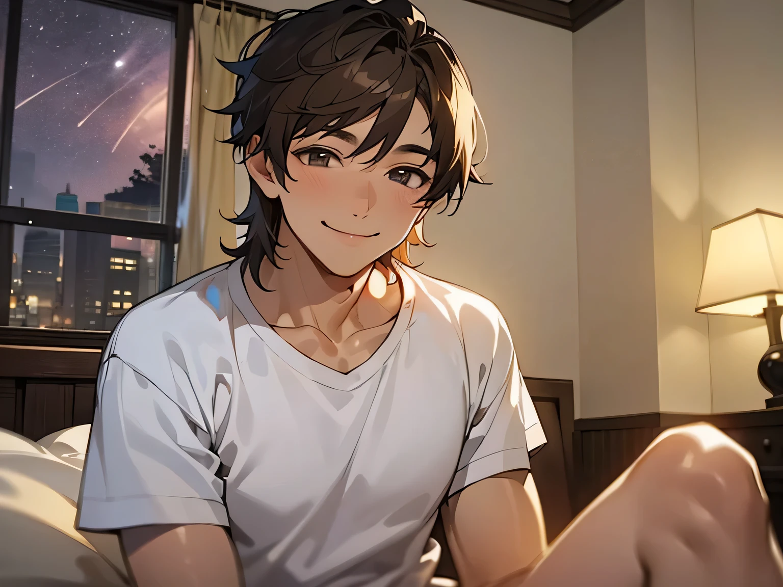 male,masterpiece, high quality, 最high quality, hd,perfect lighting, detailed face, detailed body, 1 person, slightly longer brown hair, white t-shirt, (smile: 1.5), sitting, bed, in the room,((night))