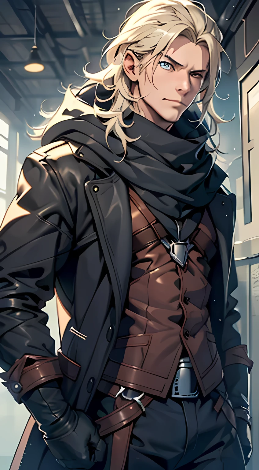 (MAN character), (Sesquipedalian, current, blonde hair), (heterochromia), (Left eye: blue), (Right eye: brown), (black leather coat), (black shirt), (Archery gloves), (black pants), (Black scarf), (illustration), (Ultra detailed), (realistic), (A high resolution), (portrait), (mysterious lighting), (bright colors) (magician) (fighter) (48 years old) (mature man) (cold light)