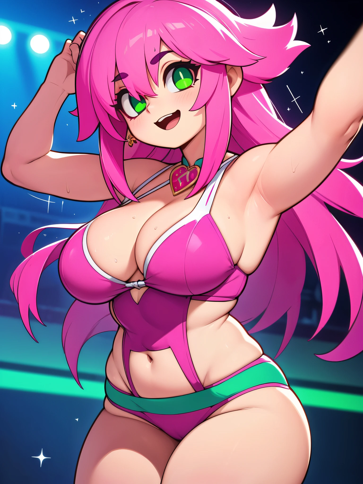 Masterpiece, Hyper detailed, Best quality, UHD, (((3D))), ((anatomically correct)), Dance club, 1 woman, Joyful Expression, ((Hyper detailed sexy (Black) dance outfit, headphones:0.5)), Busty, Curvy, (Hyper detailed eyes, Green eyes), Longeyelashes, Jewellery, Makeup, ((Pink hair, flowing hair)), {{{Club lighting}}}, ((Dynamic poses, stage, musical aura, performance, sparkling, Music notes)), AGGA_ST009