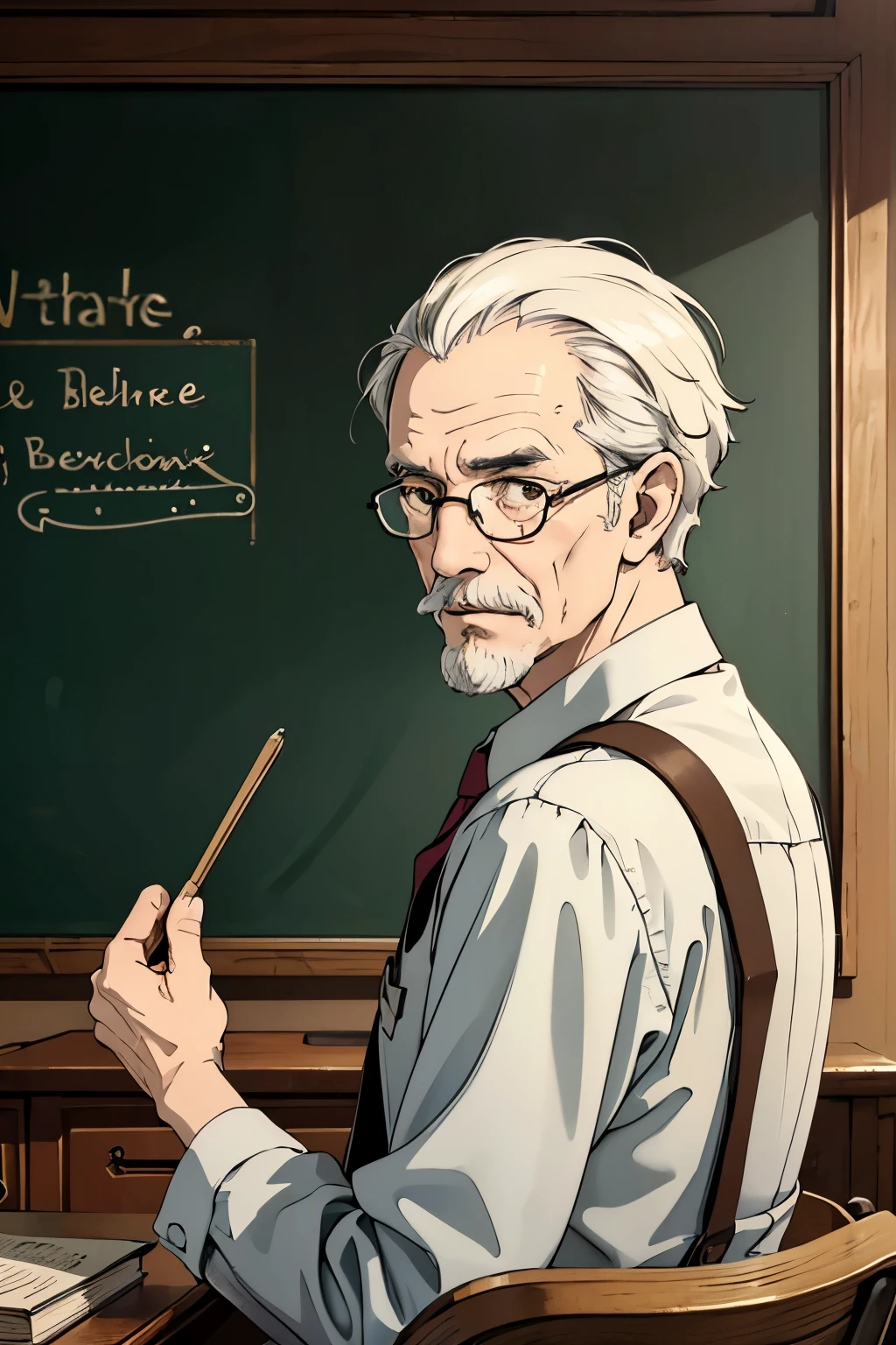 An old man, alone, with white hair, glasses, mustache, a teacher, looking back.

(best quality,4k,8k,highres,masterpiece:1.2), ultra-detailed, (realistic,photorealistic,photo-realistic:1.37), vibrant colors, warm color palette, soft lighting, nostalgic atmosphere, aged appearance, fine brushwork, oil painting, detailed wrinkles, expressive eyes, wise and gentle expression, unique clothing style, vintage classroom backdrop, bookshelf filled with old books, a desk with scattered papers, a blackboard with faded writing, a chalk in hand, a nostalgic feeling.