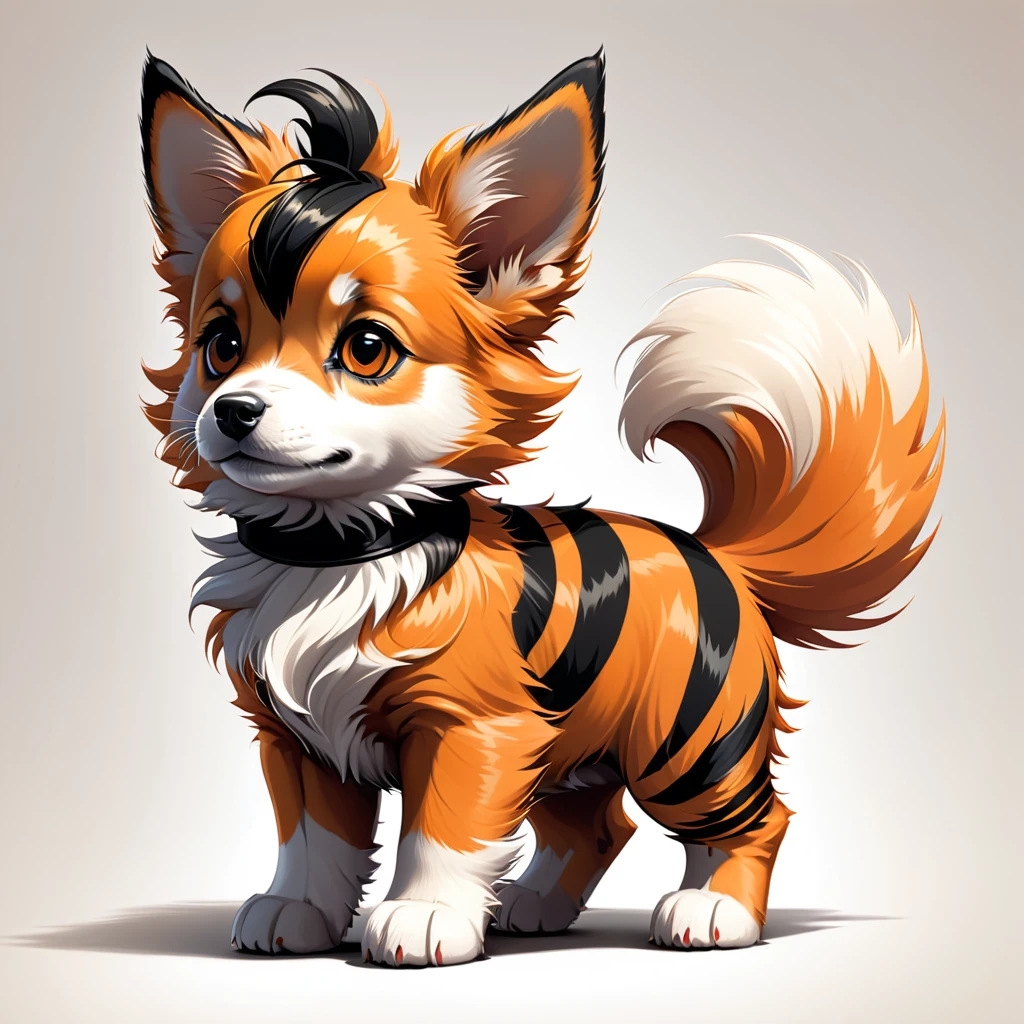 orange and tan puppy with black stripes and a fluffy tail neck fluff and head in Martin Ansin art style