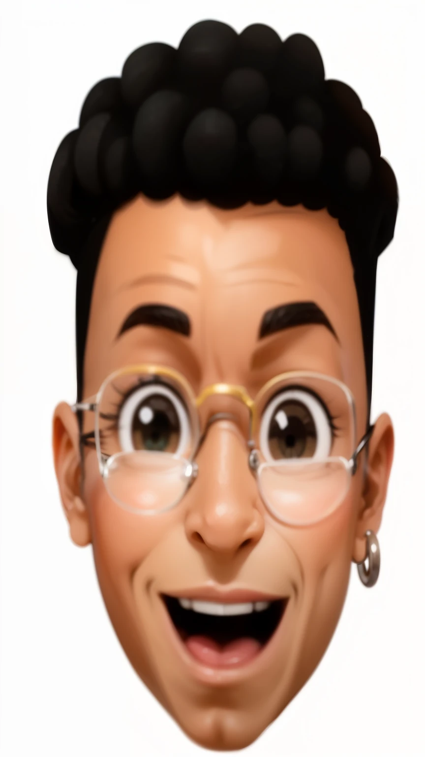 a close-up of a person with glasses and a smile, pele clara, emoticons, style of emoticons, new emoticons of biting your lip, no estilo de Tyler Mitchell, pele clara tone, ( pele marrom ), nerd emoticons, pele marrom man egyptian prince, ios emoticons, menino com rosto neutro, pele marrom man with a giant grin, cara de drake, rosto de menino