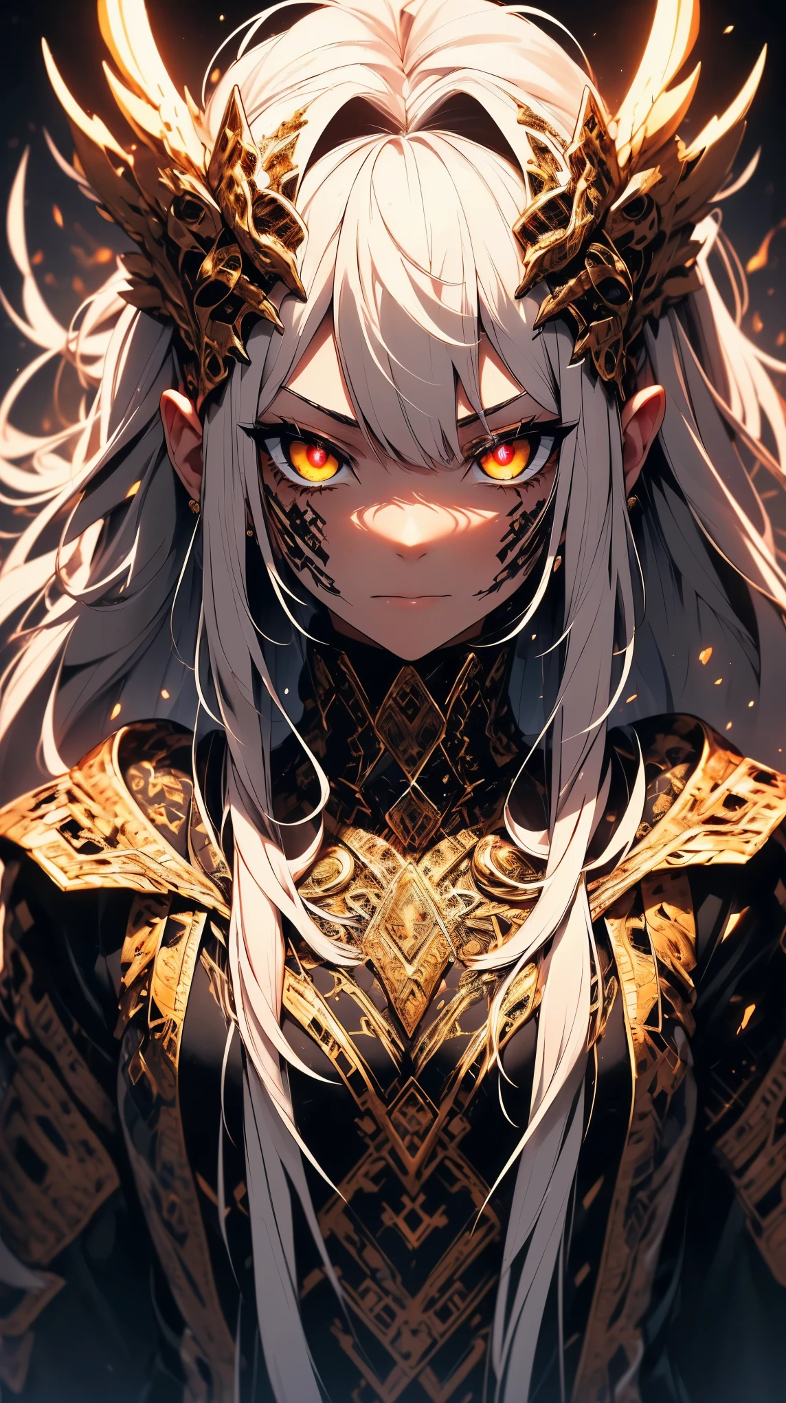 "(best quality,highres),close-up of a mummy's face,covered in bandages with golden hieroglyphics,(detailed:1.1),(vivid and intense colors:1.1),(realistic:1.1) graphic art style,terrifying,eye sockets with glowing golden eyes,detailed wrinkles, dark circles under the eyes"