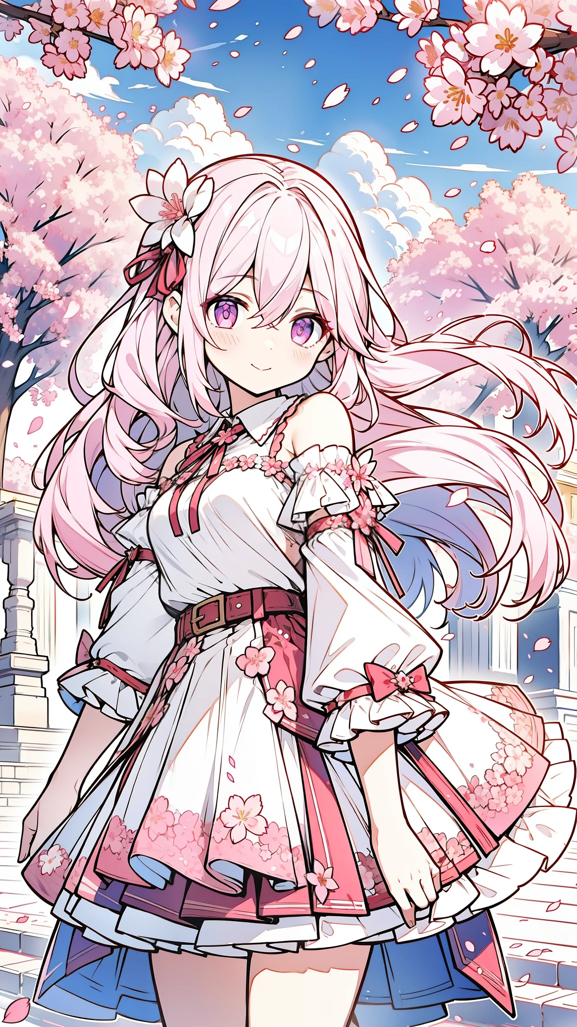 32k, solo, long hair, blush, bangs, skirt, shirt, hair ornament, long sleeves, bow, ribbon, hair between eyes, bare shoulders, closed mouth, standing, purple eyes, hair ribbon, white shirt, pink hair, flower, cowboy shot, pleated skirt, outdoors, frills, detached sleeves, sky, cloud, hair flower, wide sleeves, pink eyes, red ribbon, tree, petals, floating hair, frilled skirt, cherry blossoms, pink flower, pink skirt, happy smile, (((face focus))),