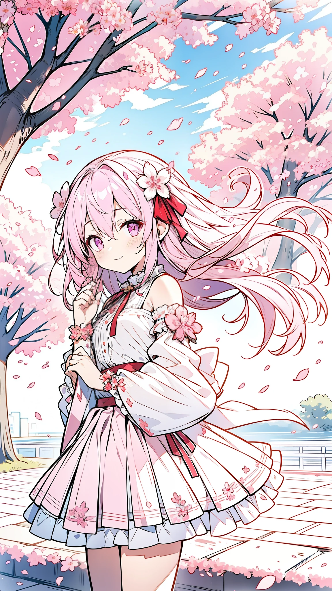 32k, solo, long hair, blush, bangs, skirt, shirt, hair ornament, long sleeves, bow, ribbon, hair between eyes, bare shoulders, closed mouth, standing, purple eyes, hair ribbon, white shirt, pink hair, flower, cowboy shot, pleated skirt, outdoors, frills, detached sleeves, sky, cloud, hair flower, wide sleeves, pink eyes, red ribbon, tree, petals, floating hair, frilled skirt, cherry blossoms, pink flower, pink skirt, happy smile, (((face focus))),