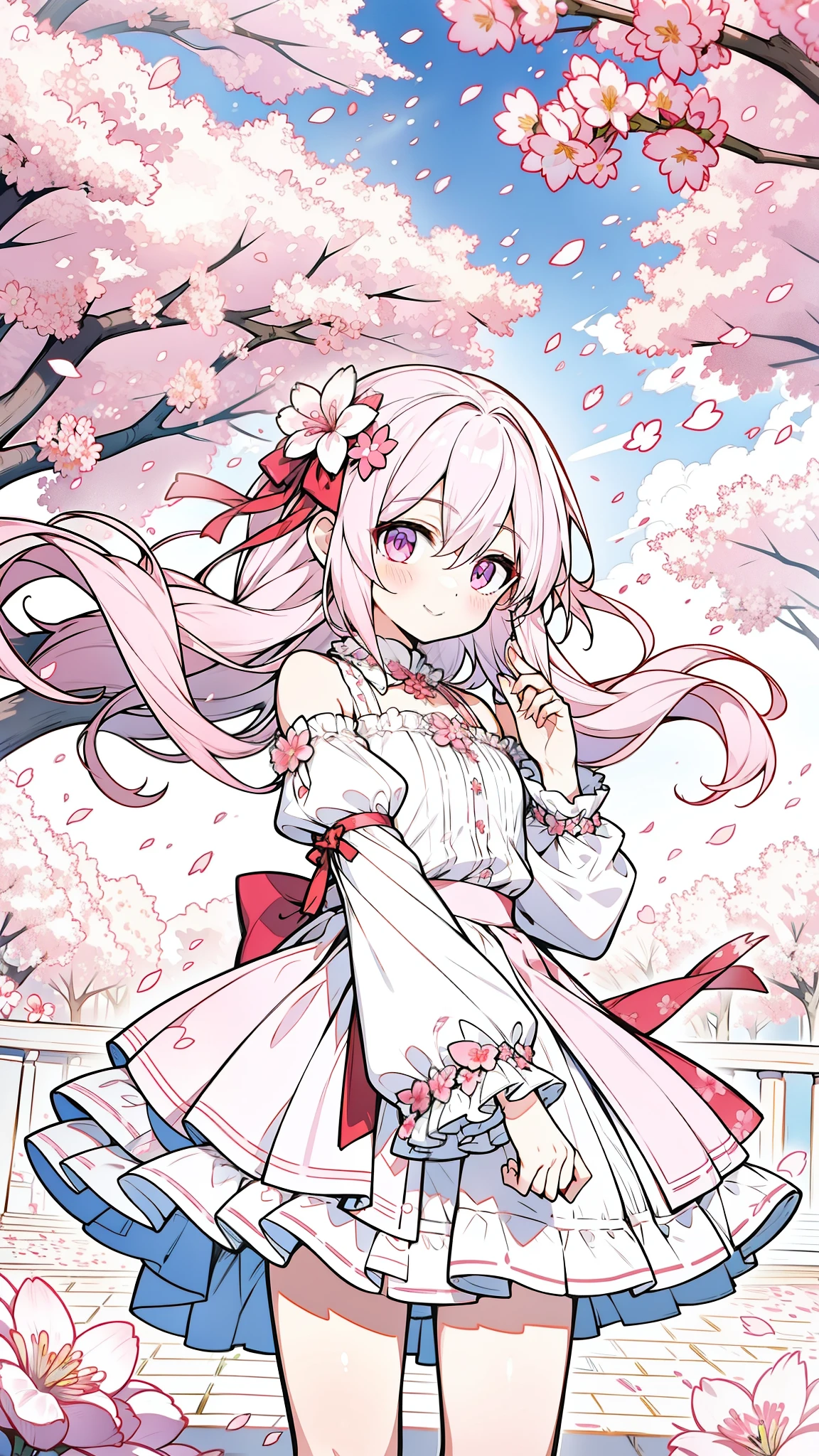 32k, solo, long hair, blush, bangs, skirt, shirt, hair ornament, long sleeves, bow, ribbon, hair between eyes, bare shoulders, closed mouth, standing, purple eyes, hair ribbon, white shirt, pink hair, flower, cowboy shot, pleated skirt, outdoors, frills, detached sleeves, sky, cloud, hair flower, wide sleeves, pink eyes, red ribbon, tree, petals, floating hair, frilled skirt, cherry blossoms, pink flower, pink skirt, happy smile, (((face focus))), 