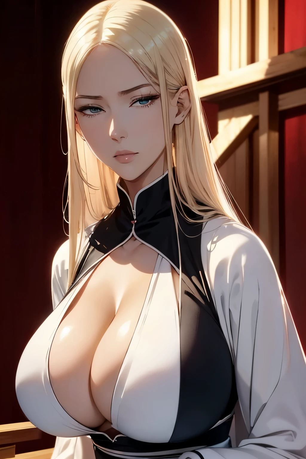 Unohana Yachiru (Bleach),noble elf woman,adult women, elegant,elegant,(eyelashes), Curvaceous, (masterpiece, のficial art),(mature woman),alone,elegant face,blonde, green eyes,long hair,( mature woman, sensual),(huge breasts, attractive body :1.2, sit-ups exercise :1.1,),超perfect bodyカーブ,(big breasts:1.5),perfect body,looking at the viewer,looking down,(whole body),fascinating, Attractive clothing,tall,simple red background,well-dressed clothes,huge ,huge ass,(shiny), whole bodyに光沢,High resolution, Highly detailed 8K,highest quality,cg,information,