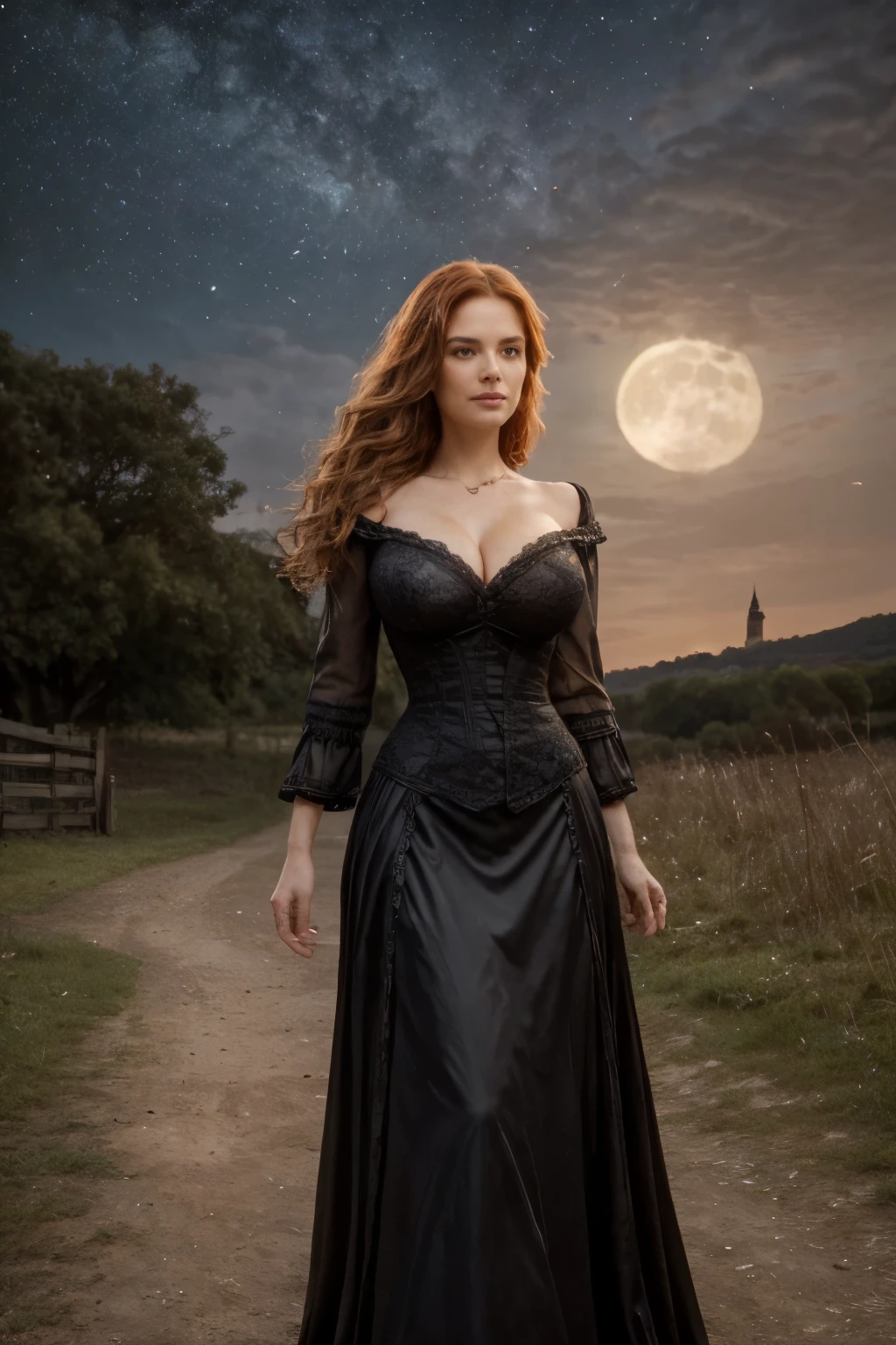 8k hi-res, full body shot picture, extremely realistic, extremely detailed, mid-aged redhead woman, very long wavy messy hair, slim body, wearing black victorian era dress, deep neckline, cleavage round breasts, (naturally sagging), huge glistening breasts, outside full moon night, laugh face expression, (detailed face), (intricate details), ((detailed picture)), professional picture, old castle in background ((shallow depth of field)) (cinematic lighting), HDR enhancement, ultra fine texture, photorealistic