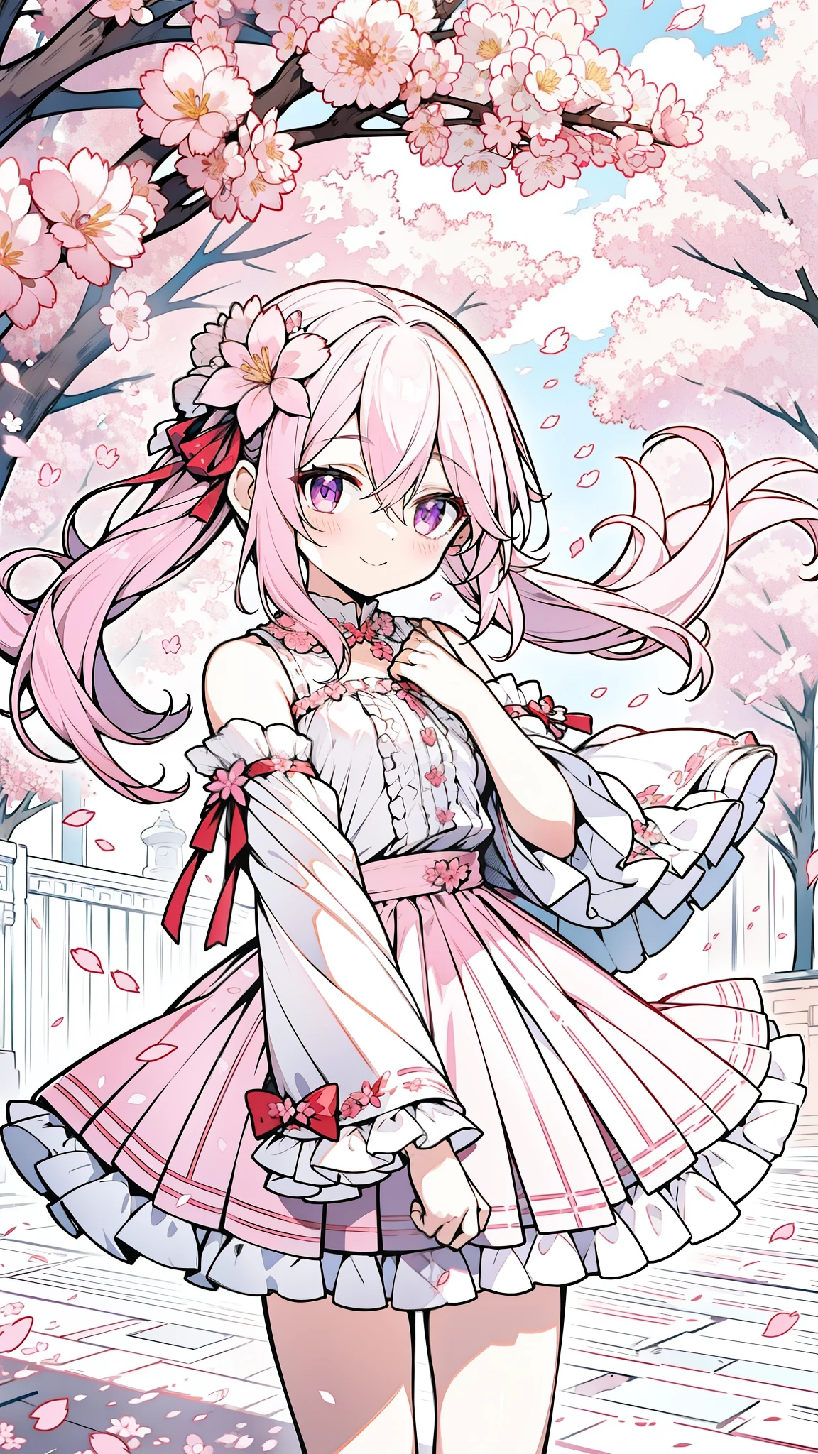 32k, back, solo, long hair, blush, bangs, skirt, shirt, hair ornament, long sleeves, bow, ribbon, hair between eyes, bare shoulders, closed mouth, standing, purple eyes, hair ribbon, white shirt, pink hair, flower, cowboy shot, pleated skirt, outdoors, frills, detached sleeves, sky, cloud, hair flower, wide sleeves, pink eyes, red ribbon, tree, petals, floating hair, frilled skirt, cherry blossoms, pink flower, pink skirt, happy smile, (((face focus))),