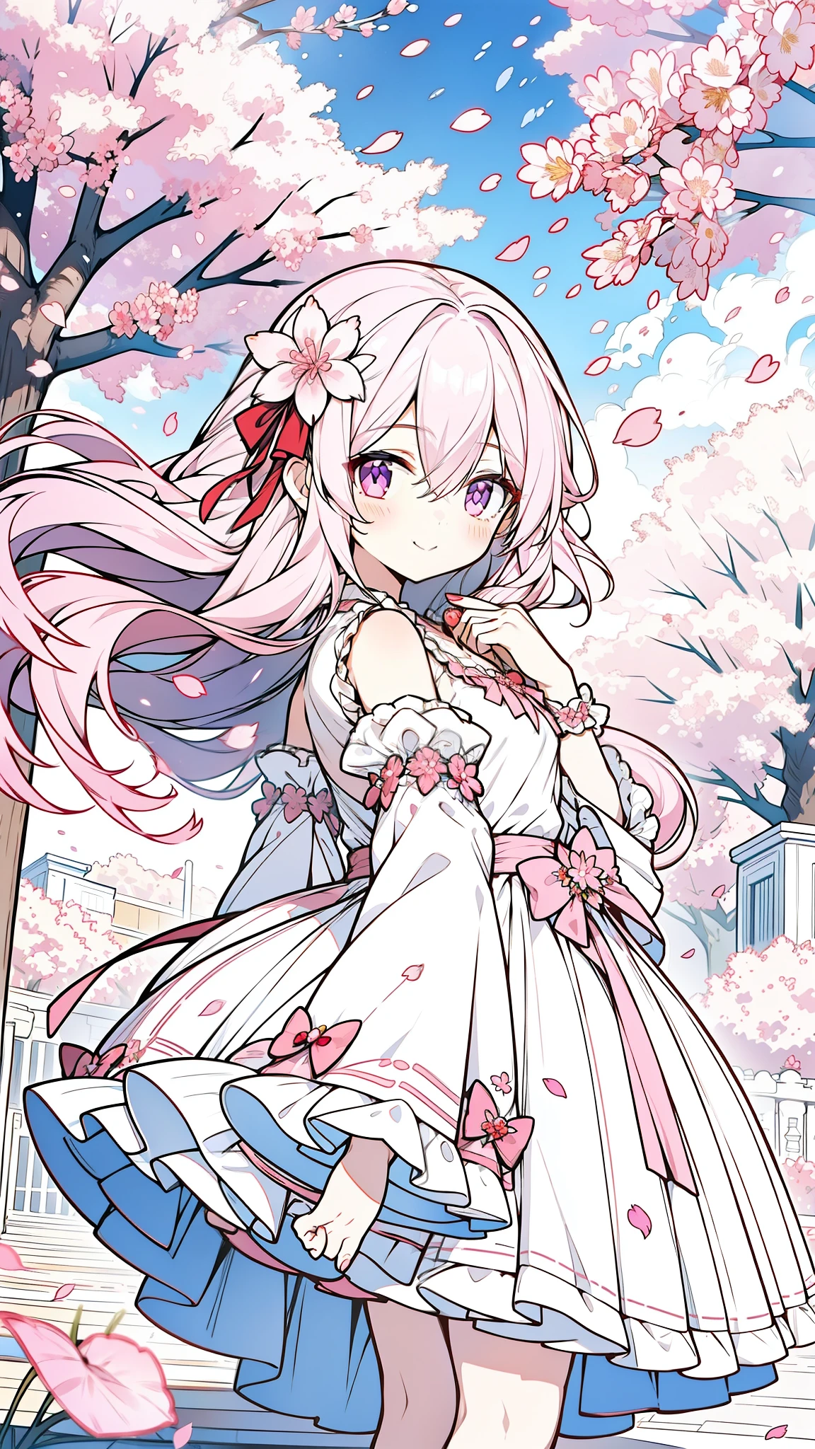 32k, back, solo, long hair, blush, bangs, skirt, shirt, hair ornament, long sleeves, bow, ribbon, hair between eyes, bare shoulders, closed mouth, standing, purple eyes, hair ribbon, white shirt, pink hair, flower, cowboy shot, pleated skirt, outdoors, frills, detached sleeves, sky, cloud, hair flower, wide sleeves, pink eyes, red ribbon, tree, petals, floating hair, frilled skirt, cherry blossoms, pink flower, pink skirt, happy smile, (((face focus))),