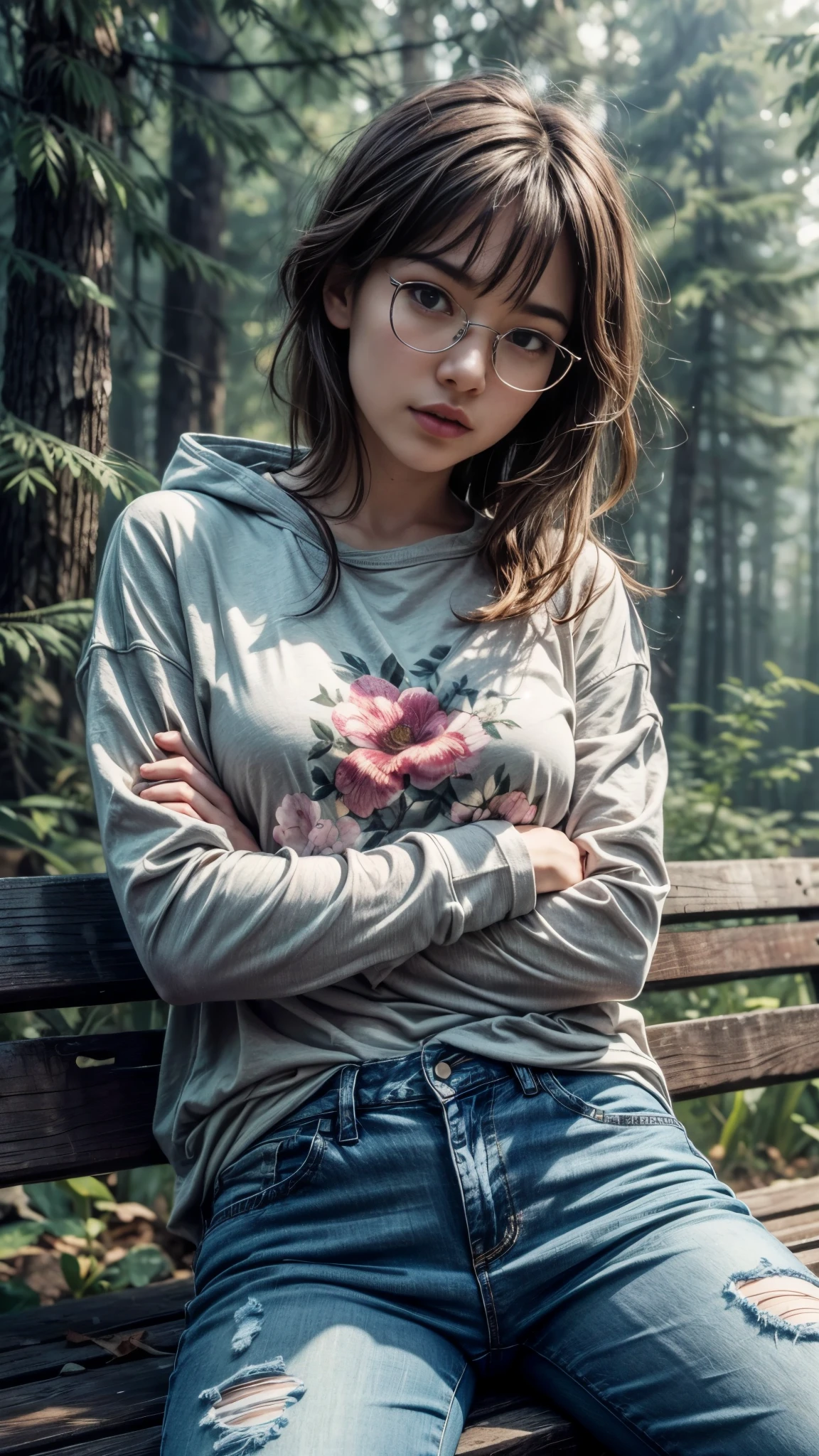 Photorealistic, (close up:1.3, exposed face), low angle, (seen from below), a japanese young woman with hood, (long sleeve (floral t-shirt:1.2), wet, oversized jeans), a hyperrealistic beautiful young girls with grayish blue eyes in glasses, natural sagging breast, high detailed official artwork, beautiful girls with slim fit body and busty posture, long legs, attractive young woman, (atractive poses:1.3, crossed arm hold the breast up), at bench in the (natural foggy forest:1.2), natural background, rainny day, dubnitskiy david fanart, realistic portrait, smooth photorealistic, perfect visual of a cute girls, cute girls with skinice soft face, face focus, makoto shinkai and artgerm, photon mapping, natural light, warm color tones, vivid colors, cool ambient, foggy atmosphere