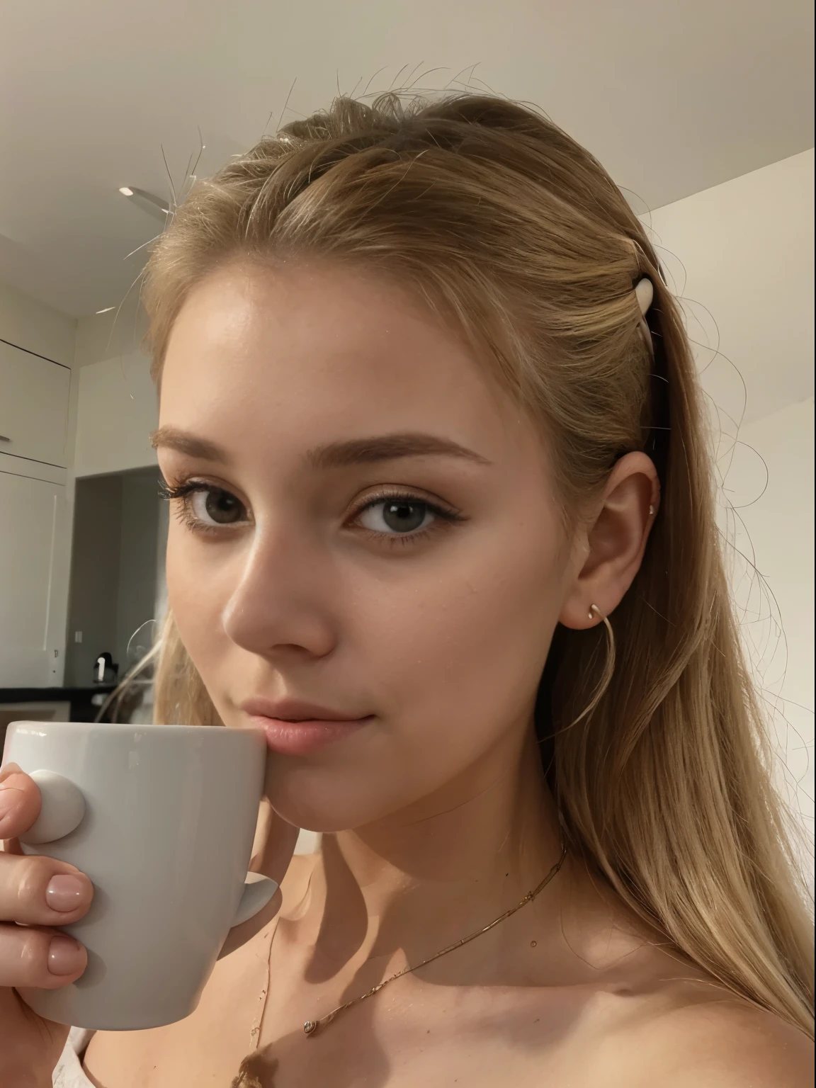 Photo d'une femme blonde de 20 ans, qui a un visage très naturel, Thin lips, yeux fins, Sourcils fins, nez fin, des boucles d'oreilles, long cils. She makes a joli selfie with a cup of coffee