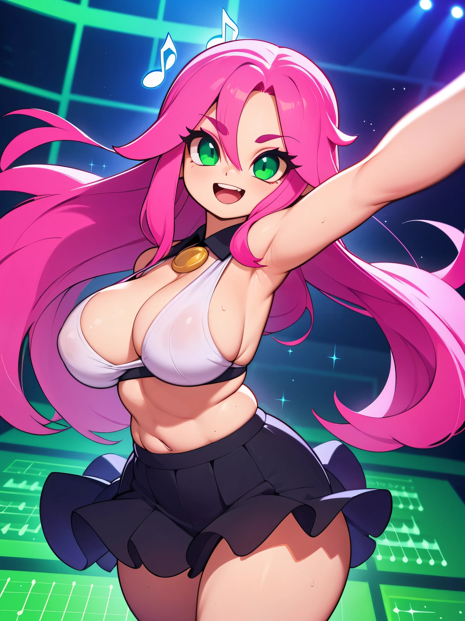 Masterpiece, Hyper detailed, Best quality, UHD, (((3D))), ((anatomically correct)), Dance club, 1 woman, Joyful Expression, ((Hyper detailed sexy (Black) dance outfit, headphones:0.5)), Busty, Curvy, (Hyper detailed eyes, Green eyes), Longeyelashes, Jewellery, Makeup, ((Pink hair, flowing hair)), {{{Club lighting}}}, ((Dynamic poses, stage, musical aura, performance, sparkling, Music notes)), AGGA_ST009