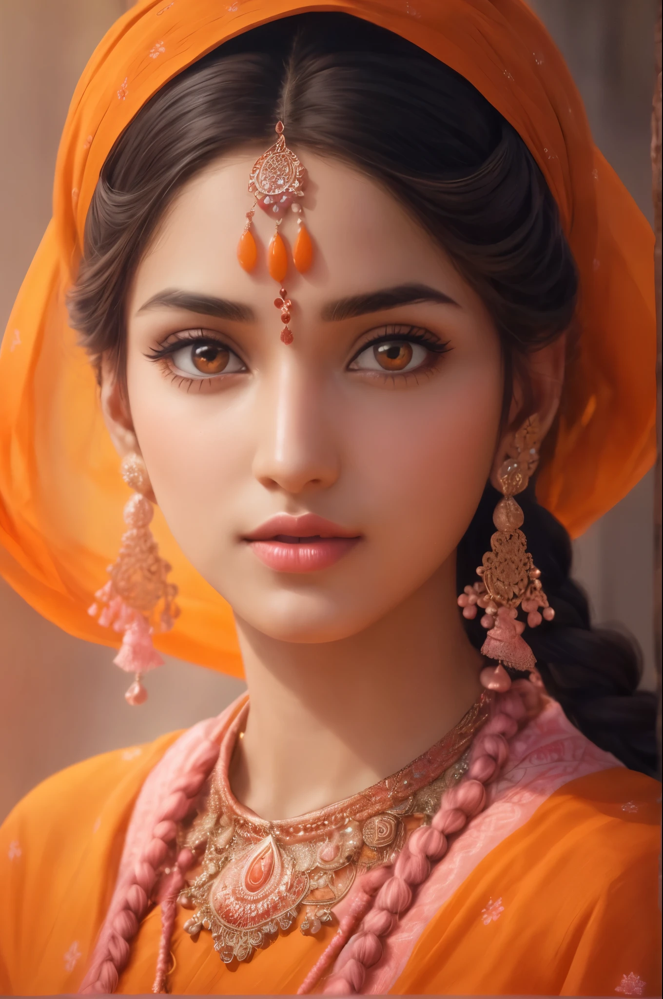 Beautiful woman, 25yo girl, beautiful orange kurti dress, covering her body with transparent chunari, (orange bindi on head), during daytime, yamamura, calm and cool, Detailed body, ((white skin)), Detailed face, ((orange eye)), (glowing pupils), ((pink lips)), sharp nose, shiney body, Gorgeous, A hyper-realistic, Charming, beautiful, Long braided hair, Ambient lighting, Foggy, Winters, Detailed background, Volumetric lighting, Shadow, 8K