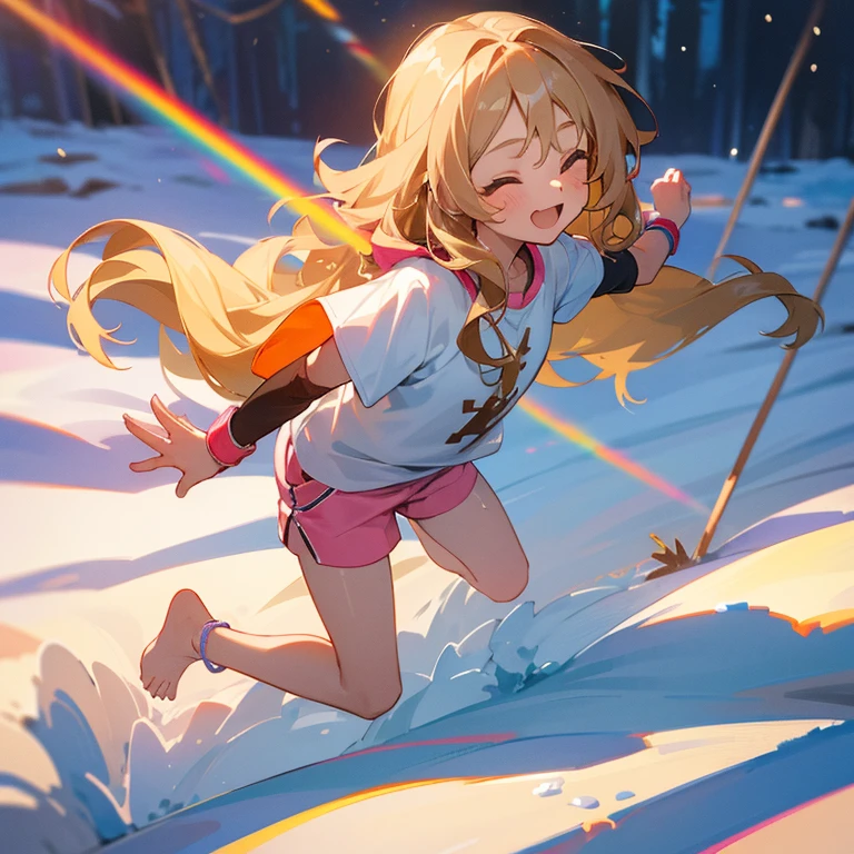 a cute 6 year old christian church girl named Zachary, both brownish blonde hair, long wavy hair, in the arctic, wintertime, playing in the snow, short sleeved white sport jersey tshirt, pink shorts, cross necklace, Jogging, sunrise, slight smile, wristbands, barefoot, winking, hand details, feet details, in a quiet neighborhood