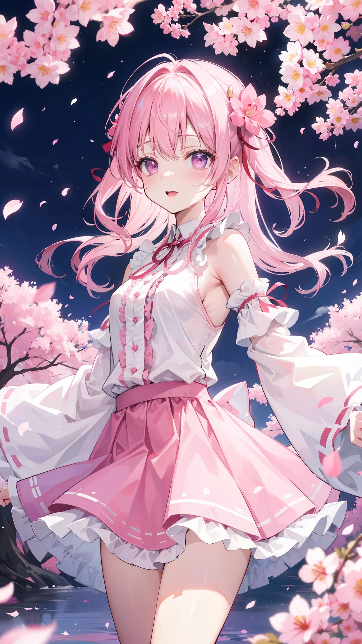 32k, ((back)), solo, long hair, blush, bangs, skirt, shirt, hair ornament, long sleeves, bow, ribbon, hair between eyes, bare shoulders, open mouth, standing, purple eyes, hair ribbon, white shirt, pink hair, flower, cowboy shot, pleated skirt, outdoors, frills, detached sleeves, sky, cloud, hair flower, wide sleeves, pink eyes, red ribbon, tree, petals, floating hair, frilled skirt, cherry blossoms, pink flower, pink skirt, happy smile,