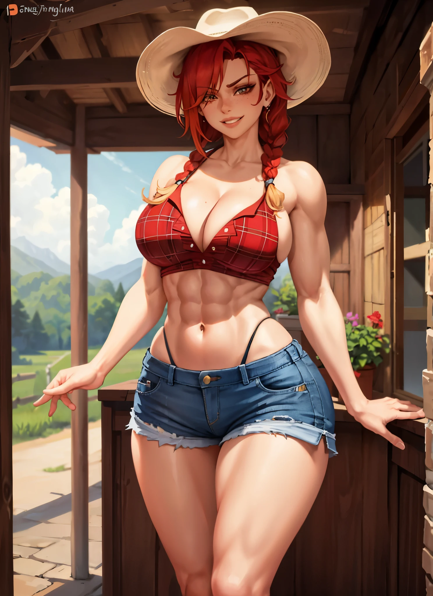 1girl, beautiful, perfect lighting, muscular, thick thighs, mature female, milf, navel, abs, looking at viewer (masterpiece, high quality:1.1) ,cowboy hat,body freckles,barn,pale skin,red hair, braid, ,short shorts,plaid shirt, skindentation, cleavage,grin