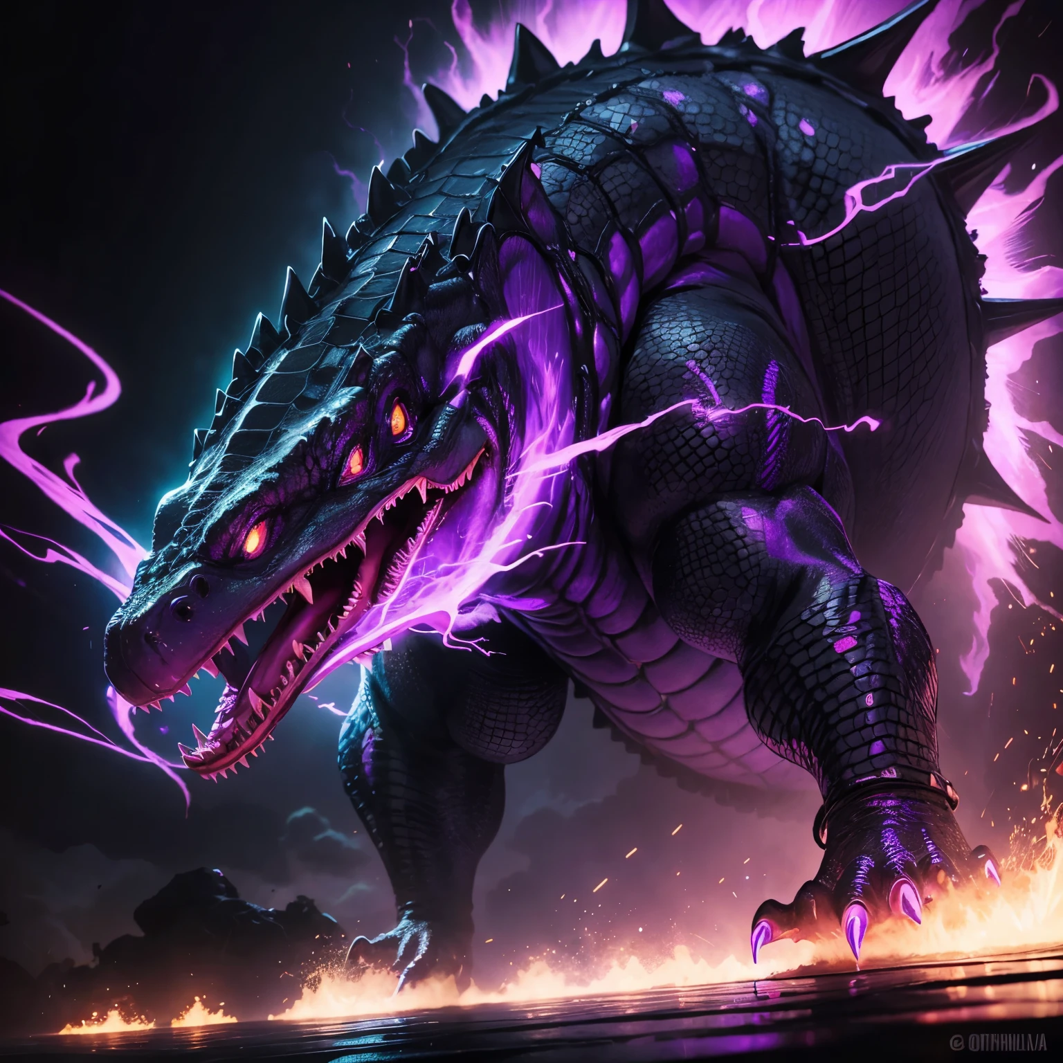 A giant black alligator emanating neon purple energy from its mouth, ojos y espalda