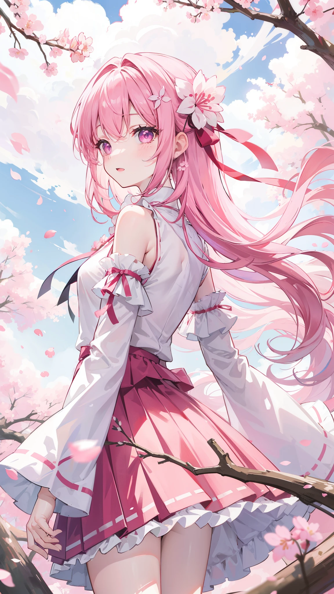 32k, ((back)), solo, long hair, blush, bangs, skirt, shirt, hair ornament, long sleeves, bow, ribbon, hair between eyes, bare shoulders, open mouth, standing, purple eyes, hair ribbon, white shirt, pink hair, flower, cowboy shot, pleated skirt, outdoors, frills, detached sleeves, sky, cloud, hair flower, wide sleeves, pink eyes, red ribbon, tree, petals, floating hair, frilled skirt, cherry blossoms, pink flower, pink skirt, happy smile,