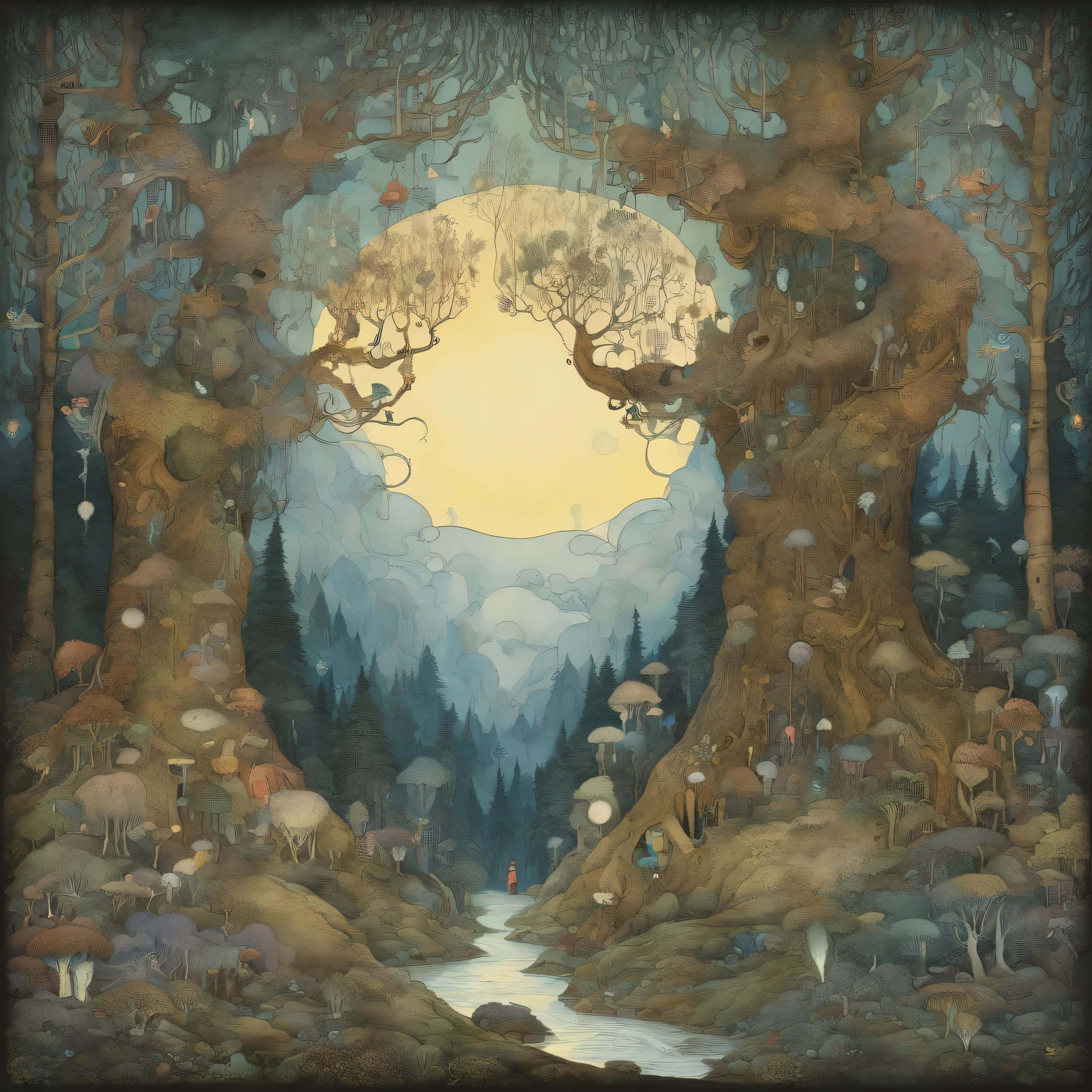 (wall art) (no mockup) (john bauer design) (barely visible trolls in scandinavian dense forest) (scandinavian colors)
