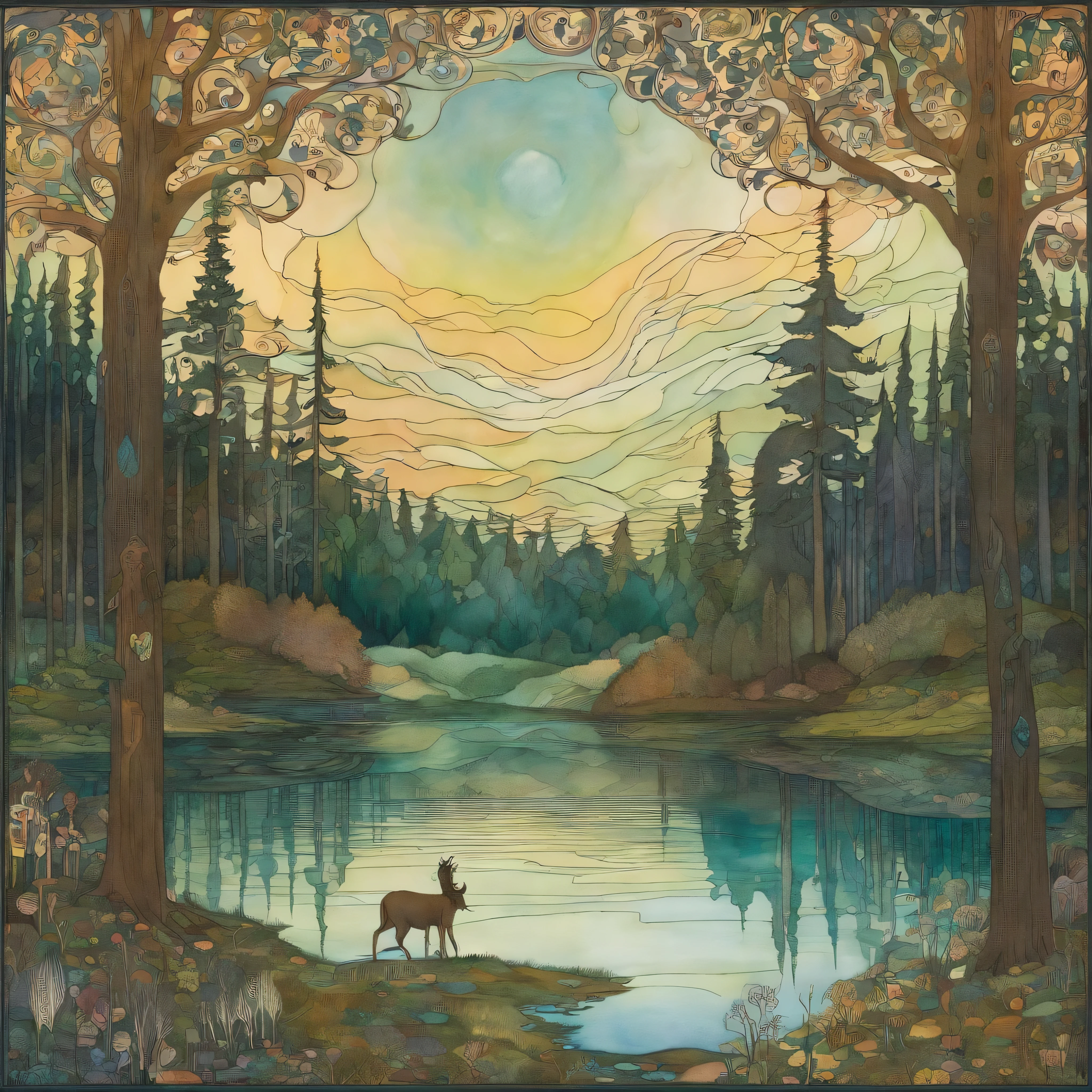 (wall art) (no mockup) (john bauer design) (scandinavian dense forest surrounding a small lake) (scandinavian colors)