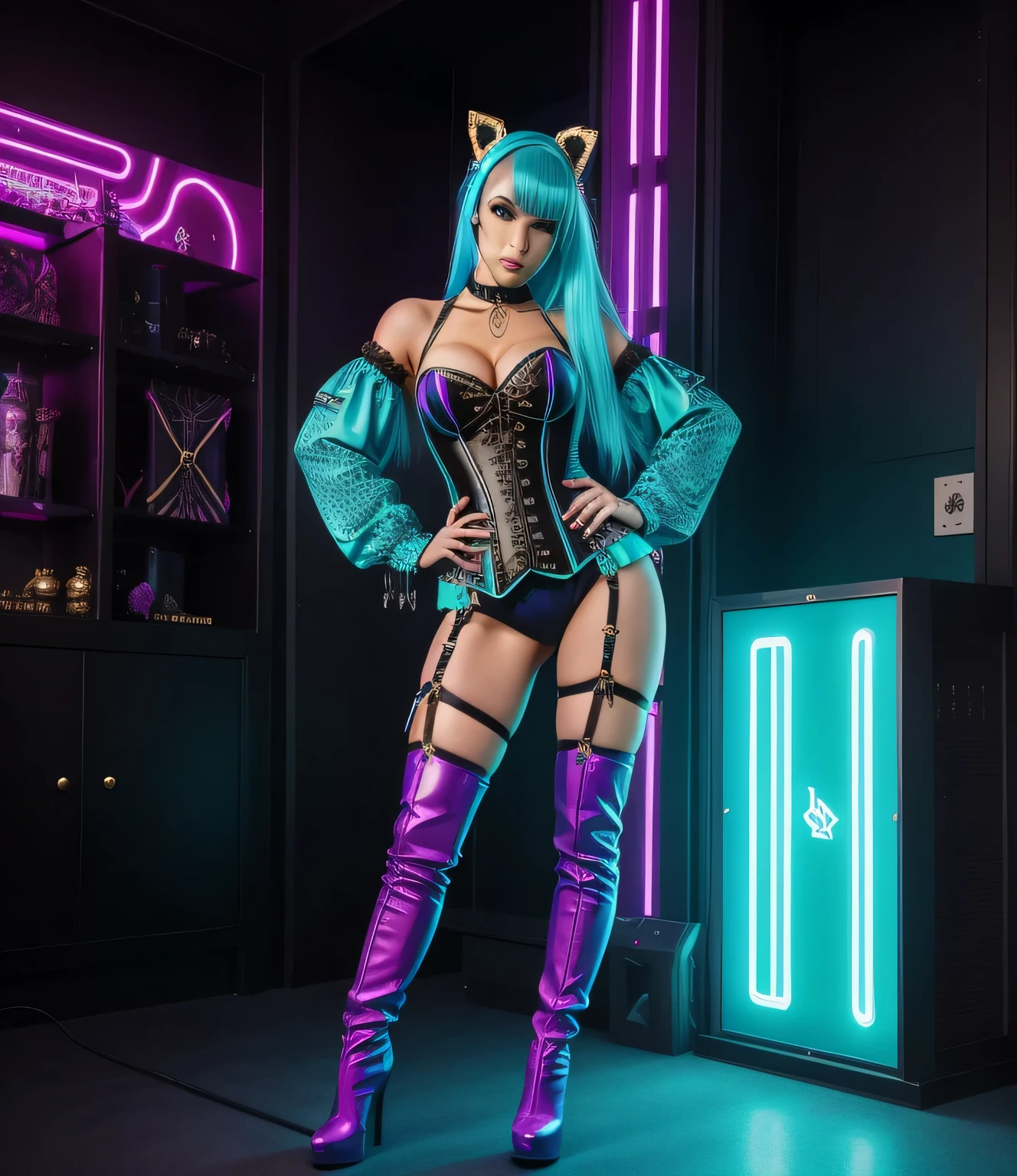 cyberpunk, giraffe in a blue corset, Boots, posing provocatively, rococo cyberpunk fusion, Ava Max inspired, Fantasy costume, Sexy Outfit, lace underwear, Jessica Black's influence, аниме девушка vibe Ke$ha koiv style, cyberpunk fashion, cybergothic aesthetics, sexy lingerie elements, rave culture clothing, thoughtful costume design, Blue accents, electric blue glare, neon glow, extravagant pose, alluring energy, risque glamor, Fashionable forward, mixed fashion, bold ensemble, choker necklace, thigh-high Boots, 35 mm