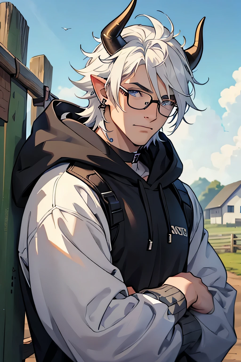 SeaArt Bot Txt2Img Default 13:30:54 Expires in 13 Day(s) ((best quality)), ((masterpiece)), (detailed), A male character, he is around his early thirty's he has pale skin, with freckles on his face and body. He is a cow Demi-human, so has cow features. He has multiple hair colors, his hair is mostly white, but has black and browns strands. he has dark blue eyes, and wears glasses. He has cow ears on the side of his head that are grey, and a small pair of horns that curve backwards. he has a nose piercing, lip piercing, and a few ear piercings, one of his ear piercings is like a cow tag. he has a cow tail, with a fluffy end to it. he is on a farm, there is a barn behind him. anime style. he has no human ears, he has a lithe body type, and is thin. he has a black over-sized hoodie on, and a collar around his neck. black horns, cow tail. leaning on a fence. looks around 25 years old hoodie is ALL black, no white. choker around his neck