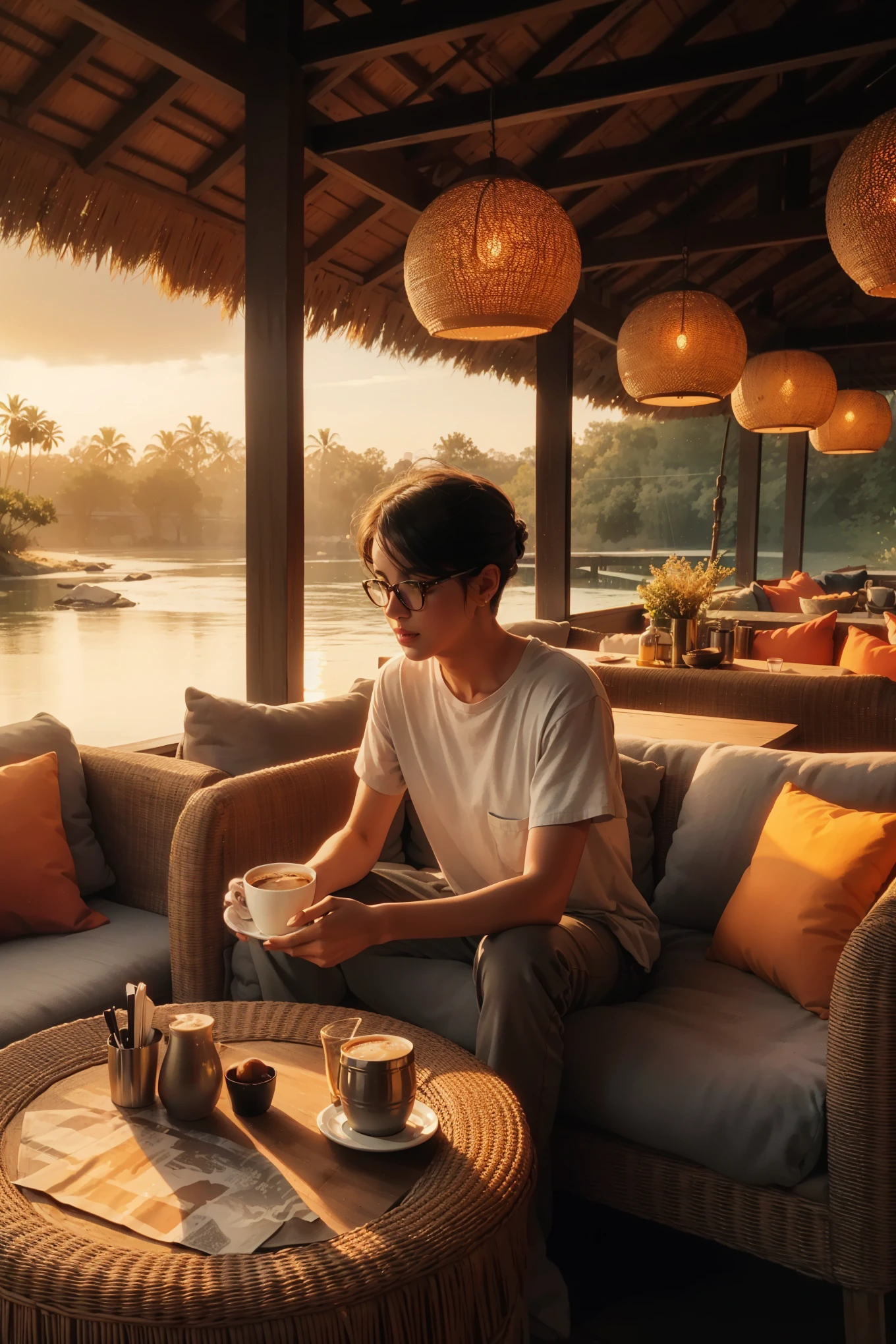 araffe sitting on a couch with a cup of coffee and a plate of food, cinematic morning light, morning golden hour, hard morning light, radiant morning light, late afternoon, at sunrise, morning lighting, morning glow, morning atmosphere, morning light, taken at golden hour, morning time, summer morning light, at golden hour, nice afternoon lighting
