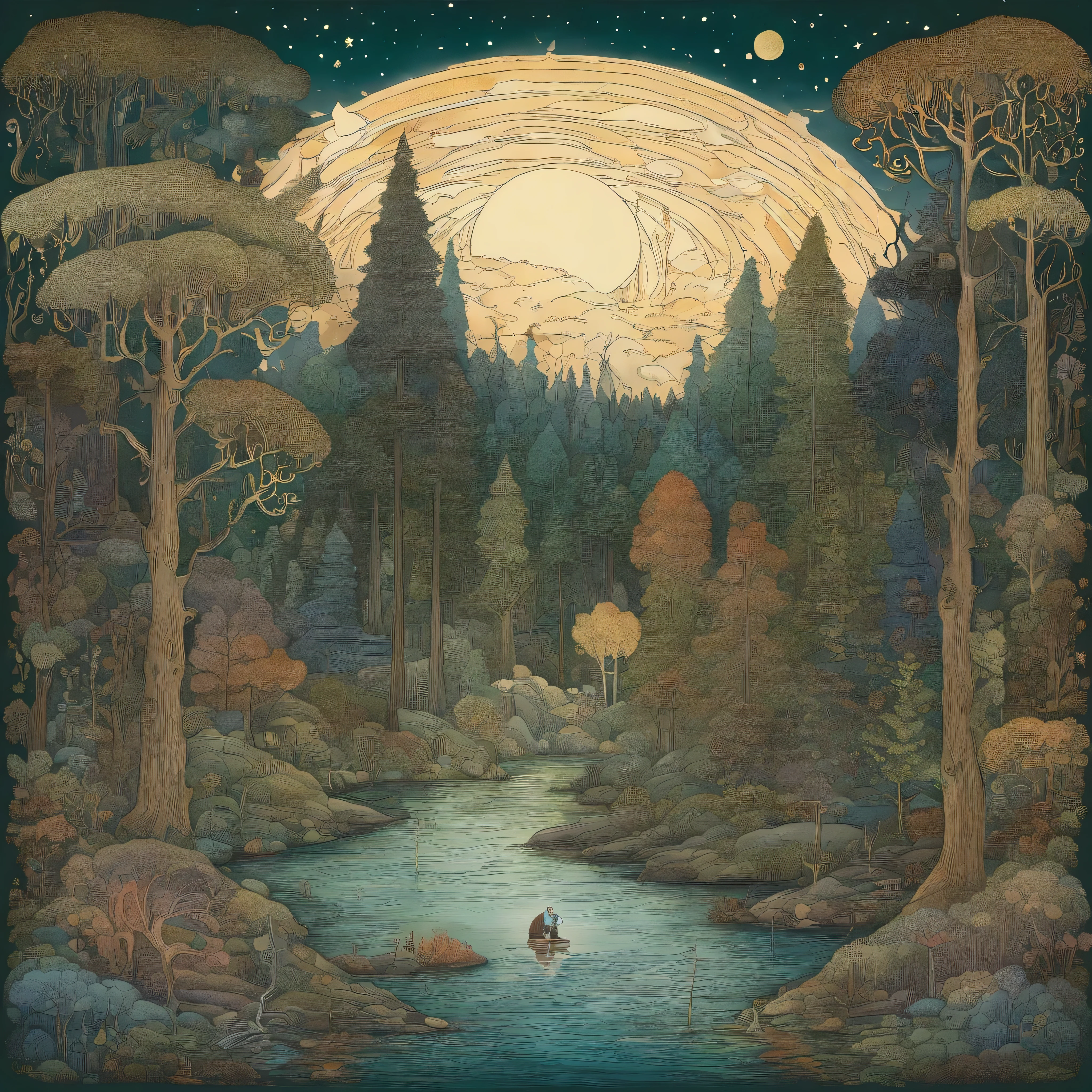 (wall art) (no mockup) (john bauer design) (scandinavian dense forest surrounding a small very deep lake) (scandinavian colors)