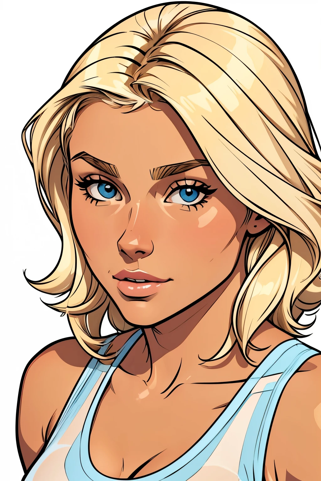 Flat colors, close up, portrait of a 25 year old surfer looking girl, tan skin, beach blonde salty hair, natural beaty, beautiful, casual, see thru tank top, Cleavage simply white background