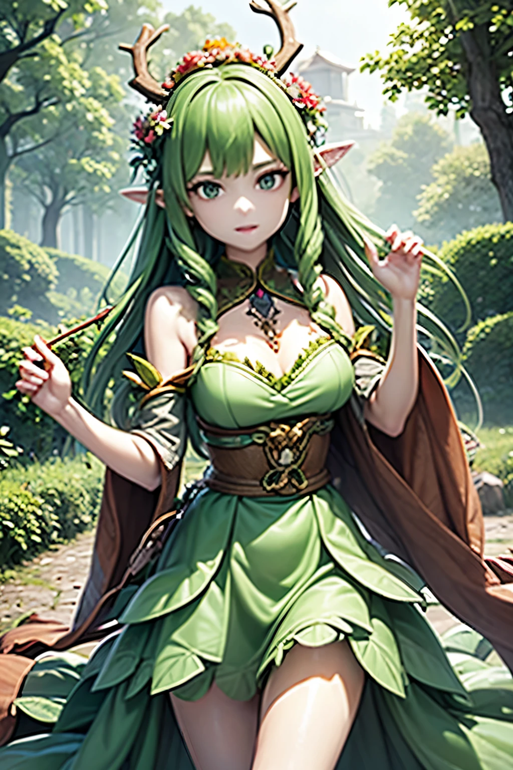 Young female dryad with green-brown long hair decorated by leaves and pointed ears, in a leafy dress of green and brown leaves, She holds a large wooden bow in her hand as a weapon, Her head is decorated with deer antlers. The robe is decorated with branches, 3-D-Rendercharakter Kunst 8 K, 3D-Unreal-Engine, Anime sehr detailliert, 8k hochwertige detaillierte Kunst, Meisterwerk, top quality、slim body、exceptionally detailed anatomy, Blattkleidung、Geweih auf dem Kopf、Nice, emotional, charmant, Bezaubernd、huge trees、Zweigkorridor、Weltenbaum、fantastisch、slim body、、(((detaillierte und Nicee Gesichter)))、wunderNicee Augen、Baumgeist、im tiefen Wald、Nymphyth 、PsyAI、dynamische Winkel