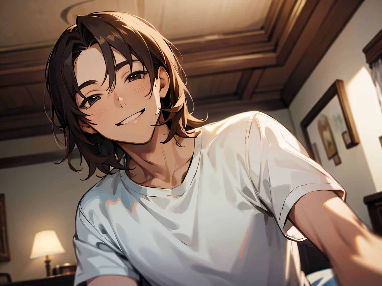 male,masterpiece, high quality, 最high quality, hd, from below,upper body shot,perfect lighting, detailed face, detailed body, 1 person, slightly longer brown hair, white t-shirt, (smile: 1.5), sitting, bed, in the room,sealing,((night))