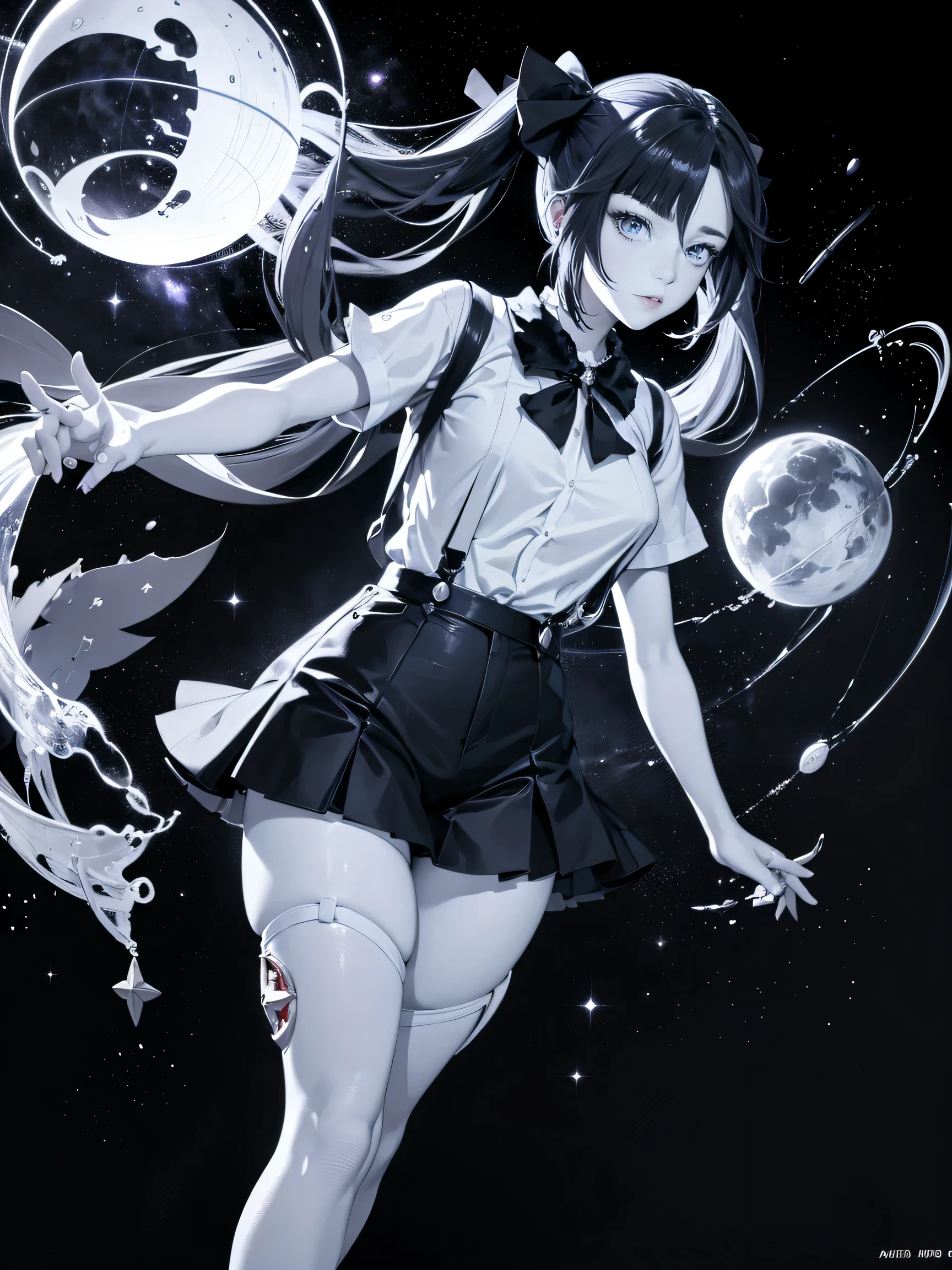 anime women in white shirt , Suspender stockings, Mona Genshin Impact, perfect things, Monochrome photo , Best wallpapers, best hand anatomy, finger model , Mona Genshin Impact, dynamic physics level, astrology in space , Mon&#39;s absolute power 