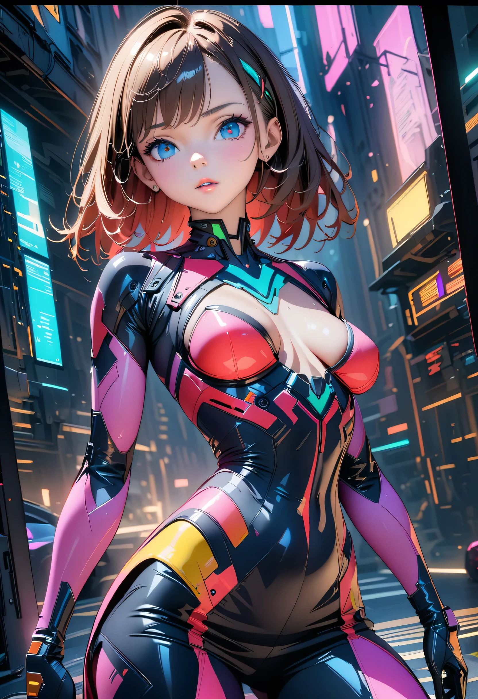 color portrait of a young girl, very sexy, modern style, Comic book book, cyberpunk, future, color fill, Rich colors. Very elegant, I stand half-turned, athletic posture, I look at the viewer. body tattoos, fashionable short dresses, devices on the body. 2_The background depicts a majestic city of the future, Evening city, lights, lighting, and robots. 3_High image quality, 4K | Ultra HD | Full HD, cinematic Comic book book, 3D visualization_in Comic book book style - linear stroke, color fill, high-quality stroke - a masterpiece, TOP computer graphics ART. 8 k, dark lighting, heavy shading. (bright, anime, Comic book, creative, sharp focus, 8 k). High detail of the picture, lines, High-quality background (shades of cool tones, red, warm highlights, side lighting), Architecture, cyberpunk, futurism. film grain, dust, and particles in the air.

