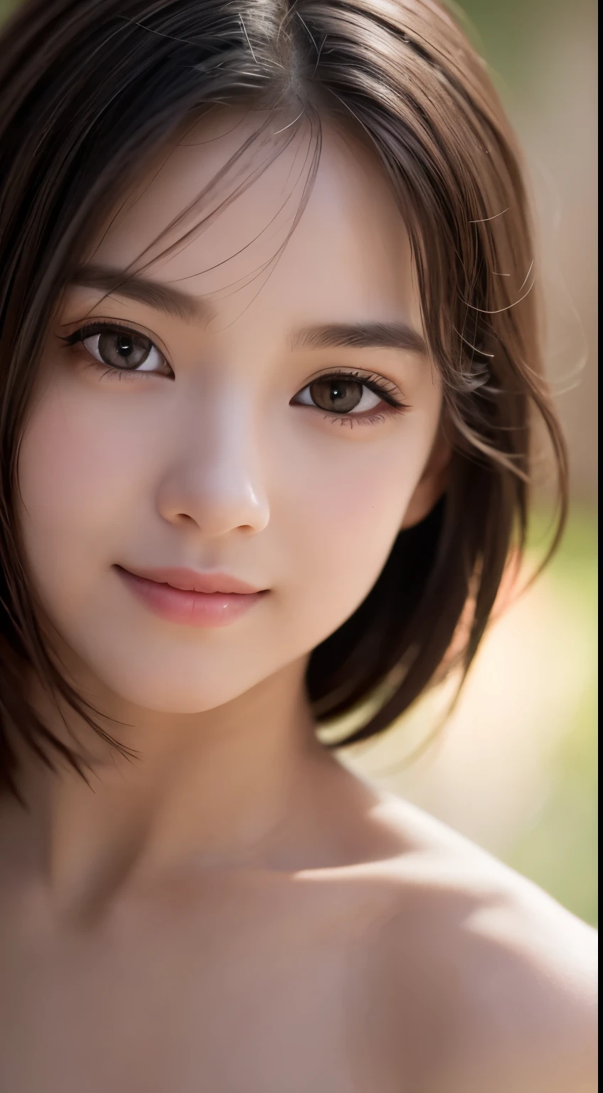 masterpiece, highest quality, Raw foto, photorealistic, smile, beautiful girl, cute, Hair up, Depth of the bounds written, High resolution, Super detailed, details, highly detailed eyes and face, mesmerizing black eyes, Realistic pupils, sharp focus, Cinematic lighting, upper part of the body, face on camera, nude topless, roundish armond eyes,