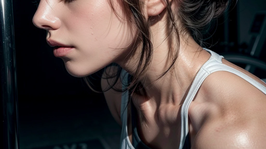 ((A woman wearing white sports bra)), at the gym ,profile, upper body shot, 40k, photography, master part, best quality, ((She has a beautiful face)), very short hear, Ultra-detailed face, Detailed eyes, Film lighting completes the overall atmosphere