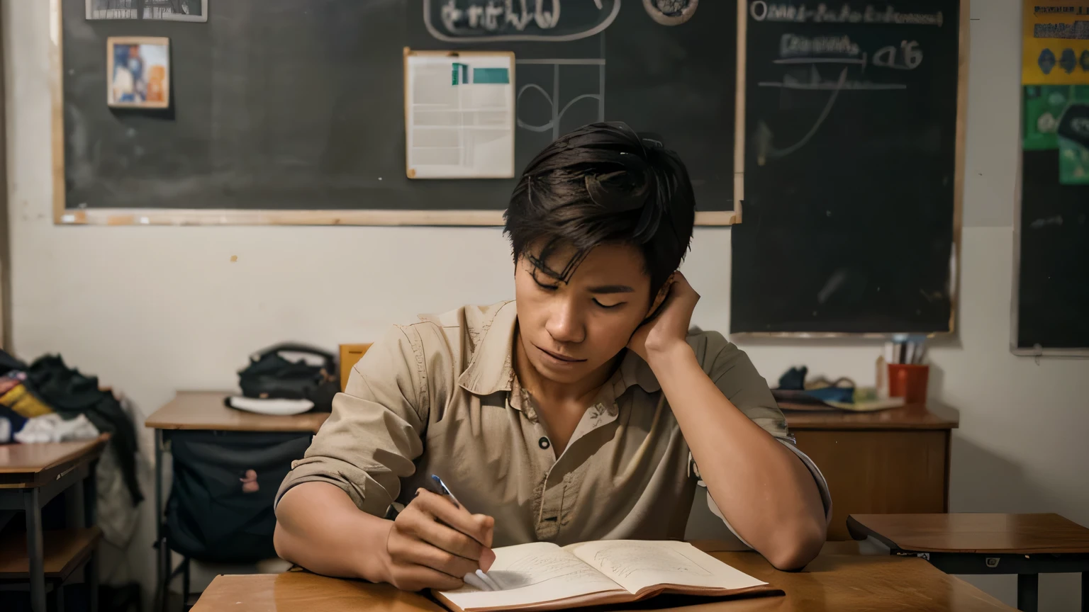 Image of a vietnamese young men, diligently studying and acquiring knowledge,sitting in his classroom, wide engeln shot, approaching Sparta in 480 BC, real photographie, cinematic, 120 mm lens, bokeh --ar 16:9 --s 50 --q 0.5,