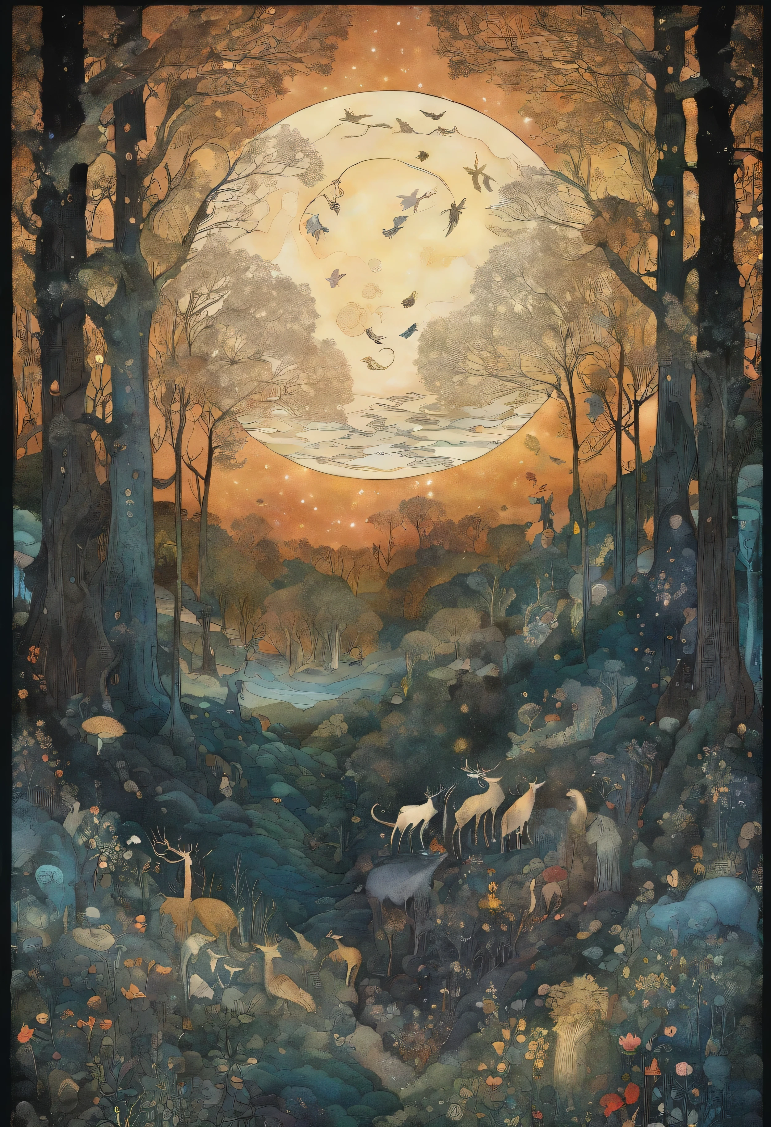(wall art) (no mockup) (john bauer design) (scandinavian dense dark forest) (starry sky) (mystical creatures) (secrets hiding in the forest) (scandinavian colors)